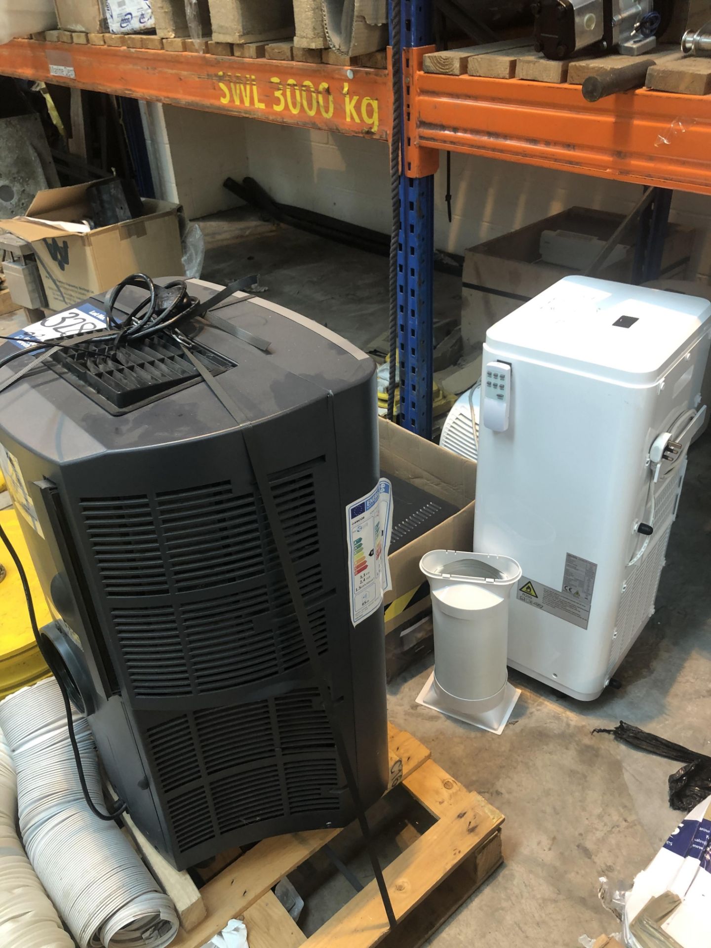 3 x dehumidifiers, Electriq type P12C-V2 portable air conditioning unit; AMCOR type PCMA15KEH-410