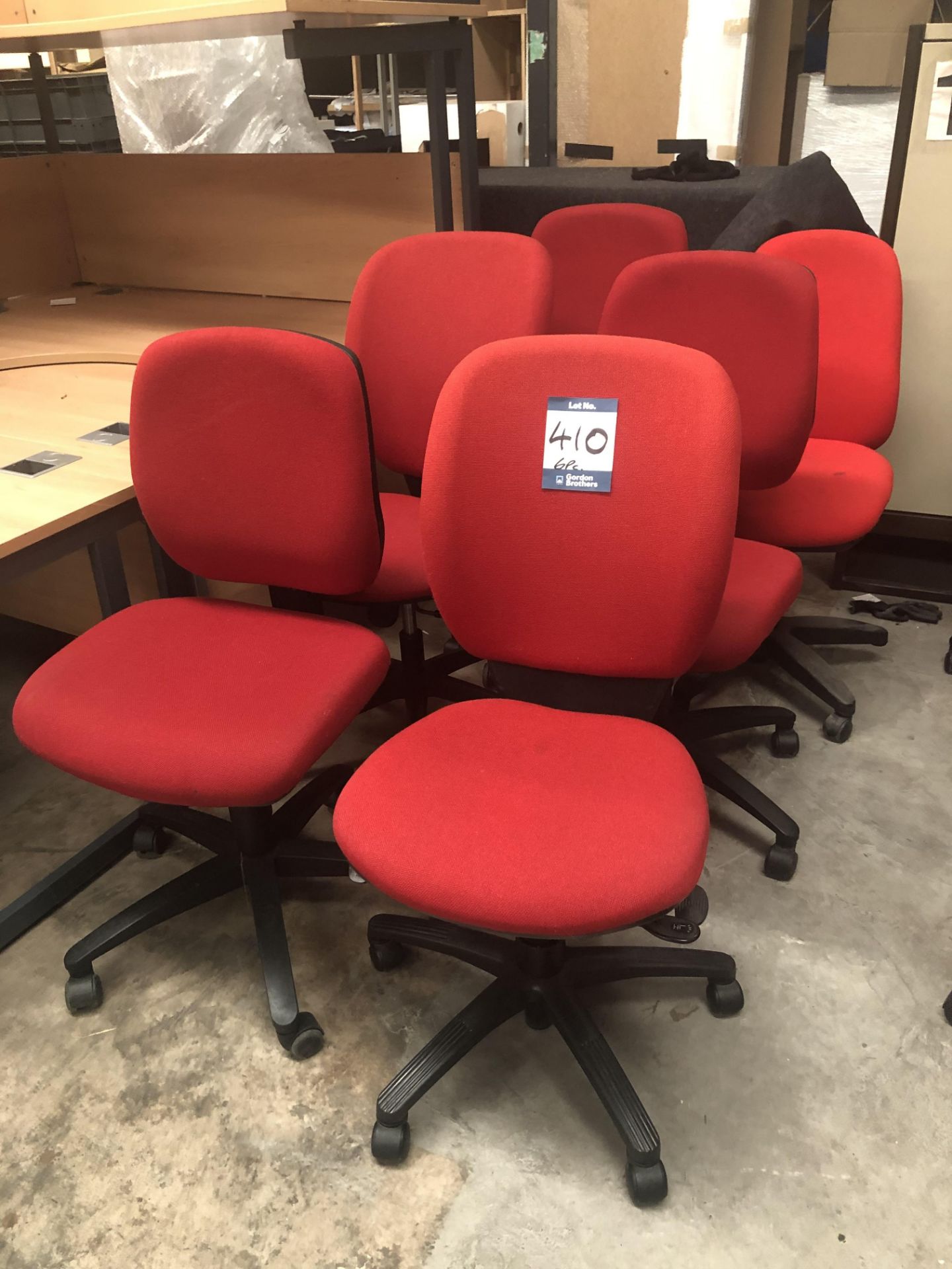 6 x red cloth upholstered operator chairs
