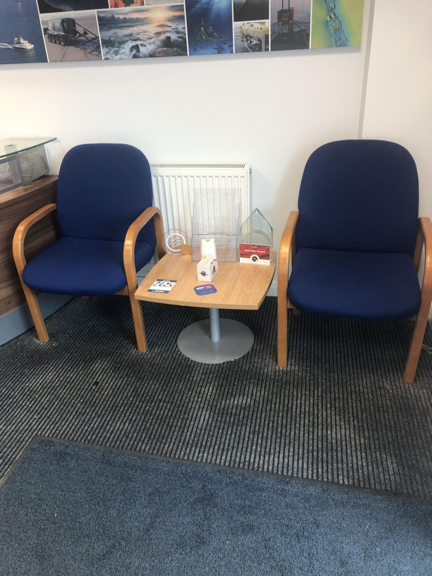 2x wood framed reception chairs and occasional table