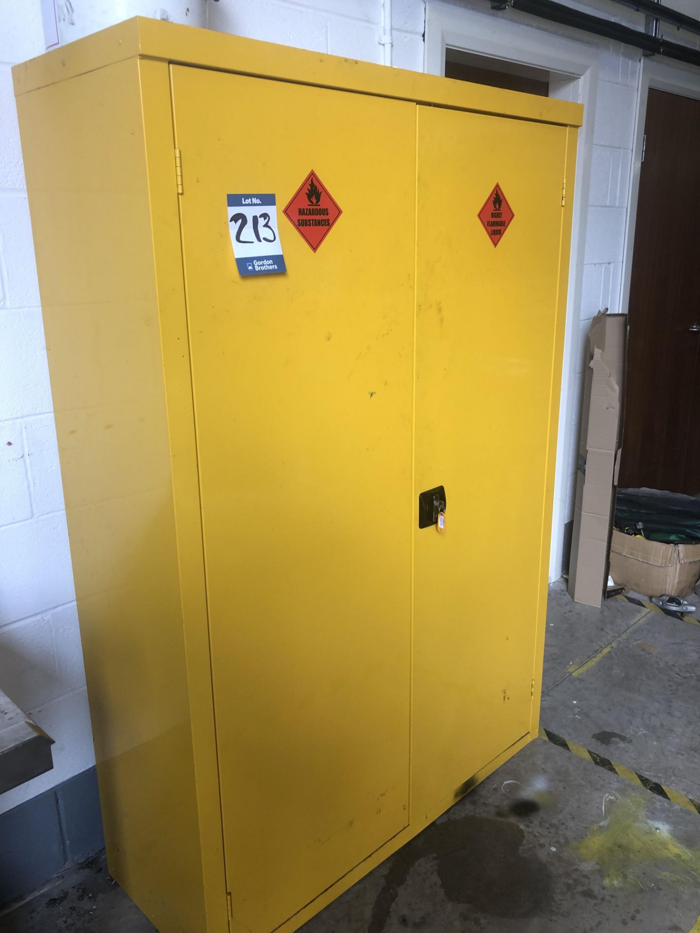 Metal double door hazardous substance cupboard, 1200 x 450 x 1800mm and contents, as lotted