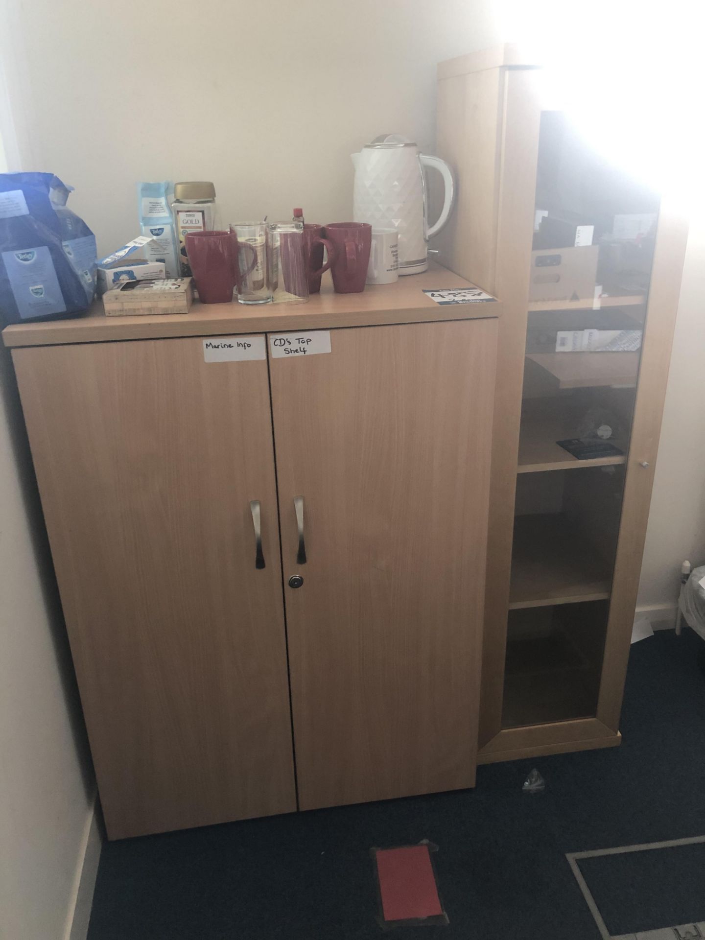 2 x light oak veneer double door cupboards and glazed door cupboard