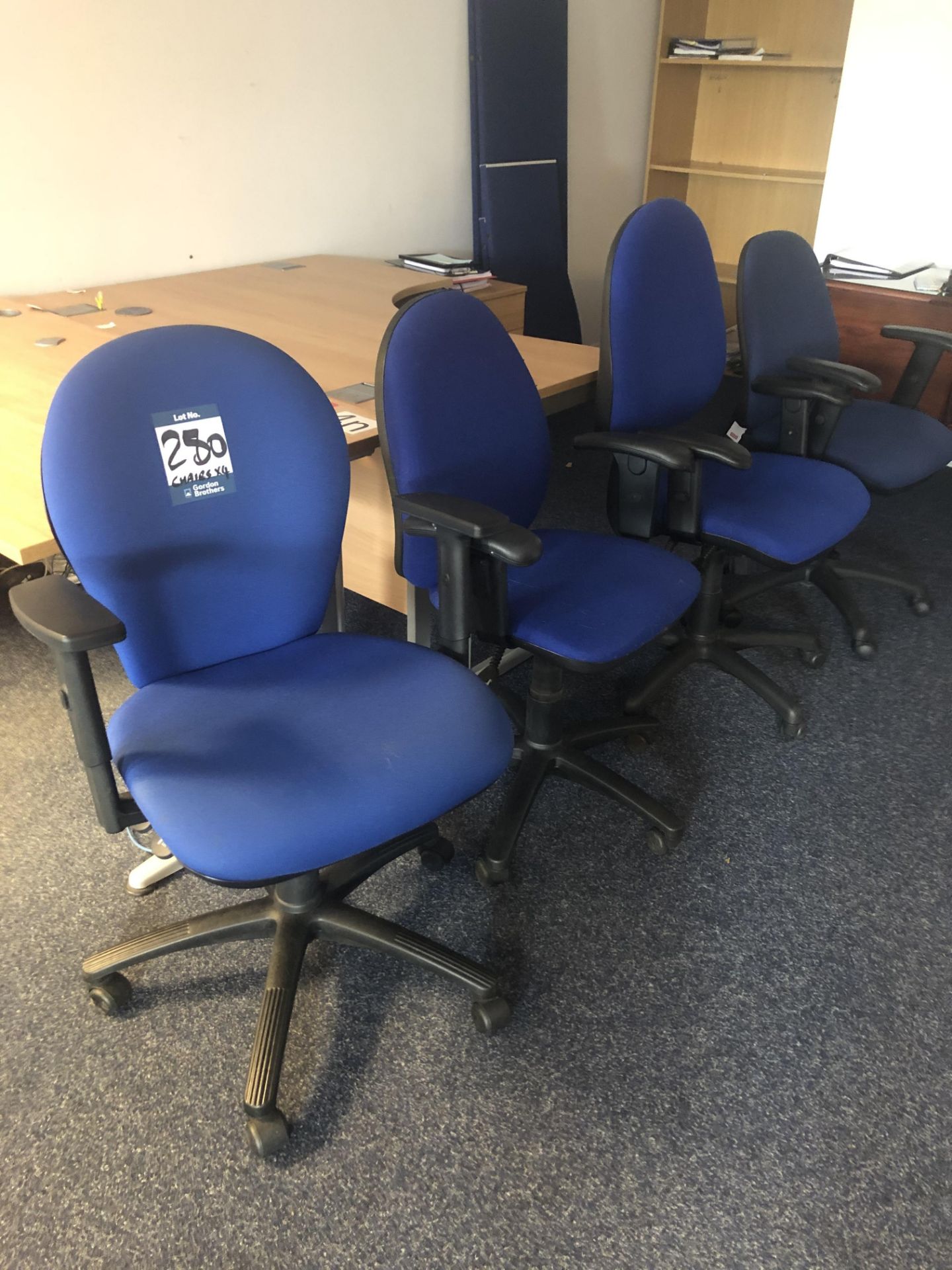 4x blue cloth upholstered operator chairs