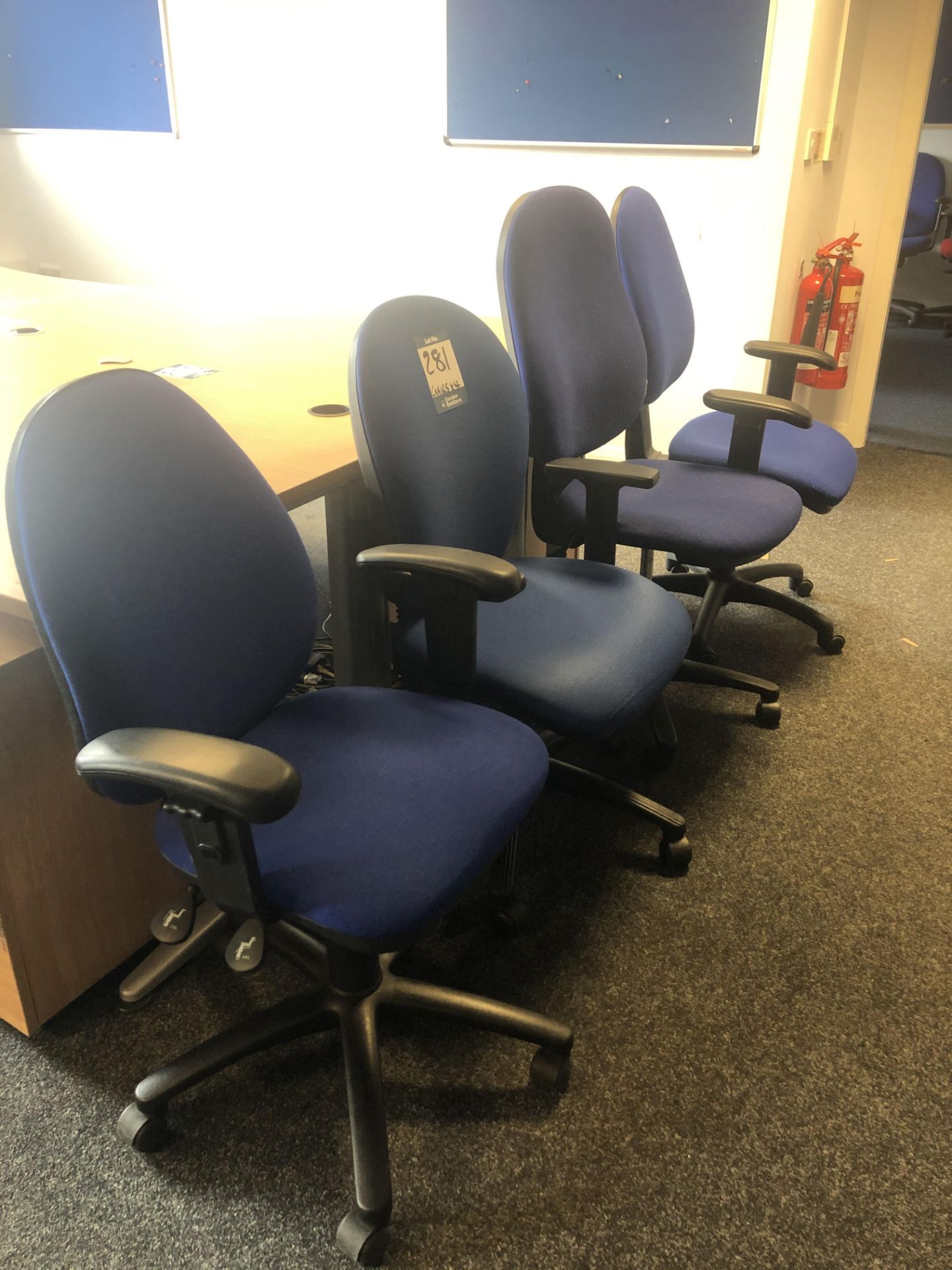 4x blue cloth upholstered operator chairs