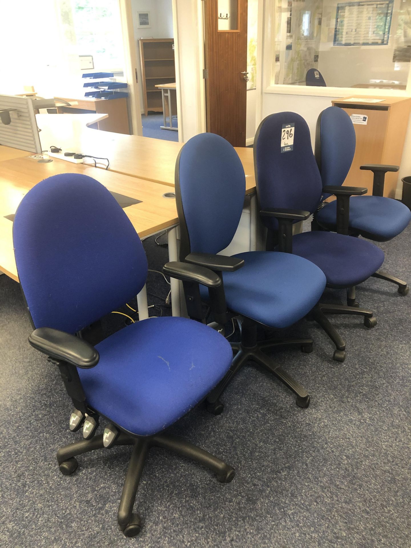 4x blue cloth upholstered operator chairs