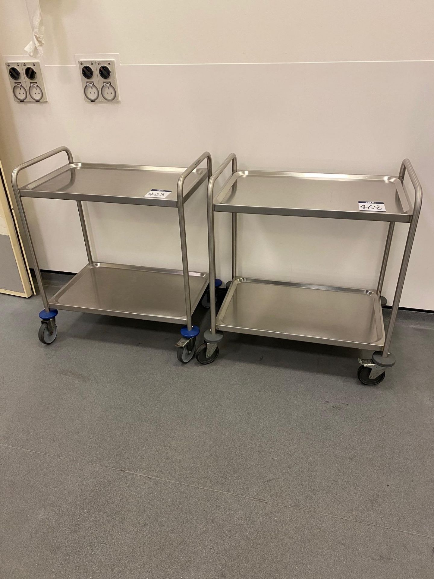 Two Stainless Steel 2 tier theatre trolleys, each 800mm x 500mm - in Equine Clinic Theatre