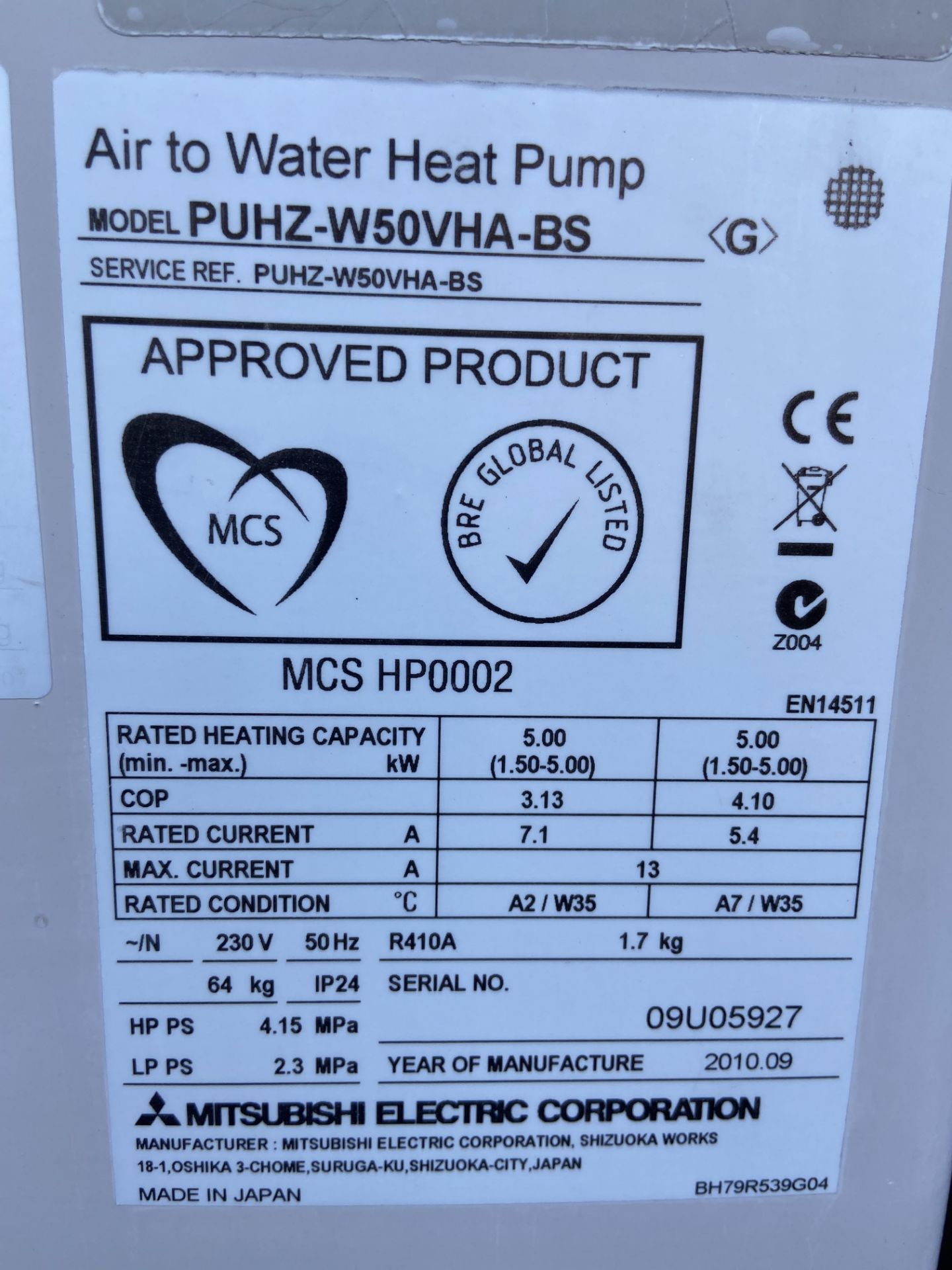 Mitsubishi air to water heat pump, Model. PUHZ-W50VHA-BS (2010) - Located outside Hydrotherapy - Image 2 of 3
