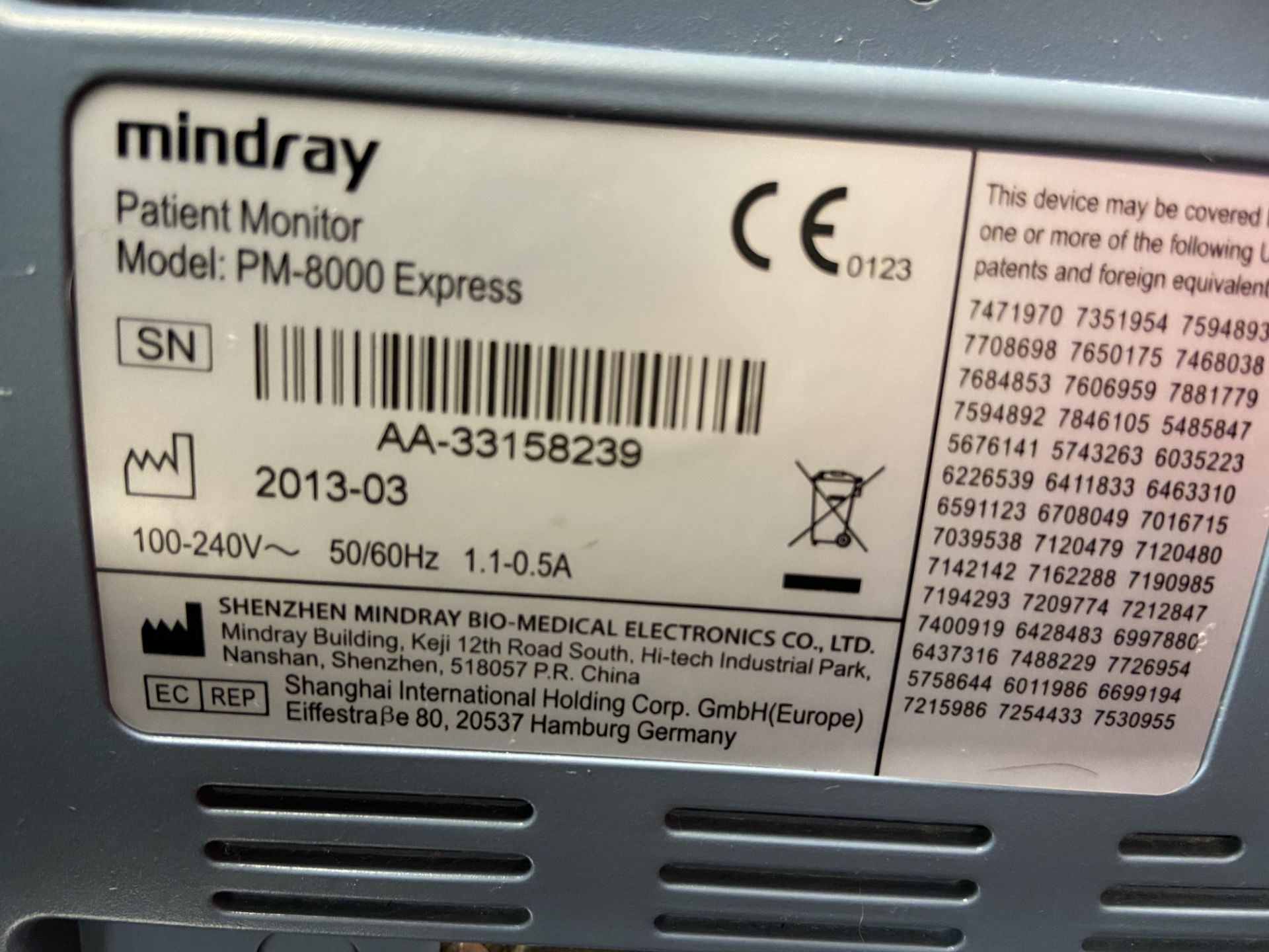 Mindray PM-8000 Express patient monitor. S/No. AA33158239 (2013) - In small Animal Clinic Hospital - Image 2 of 2