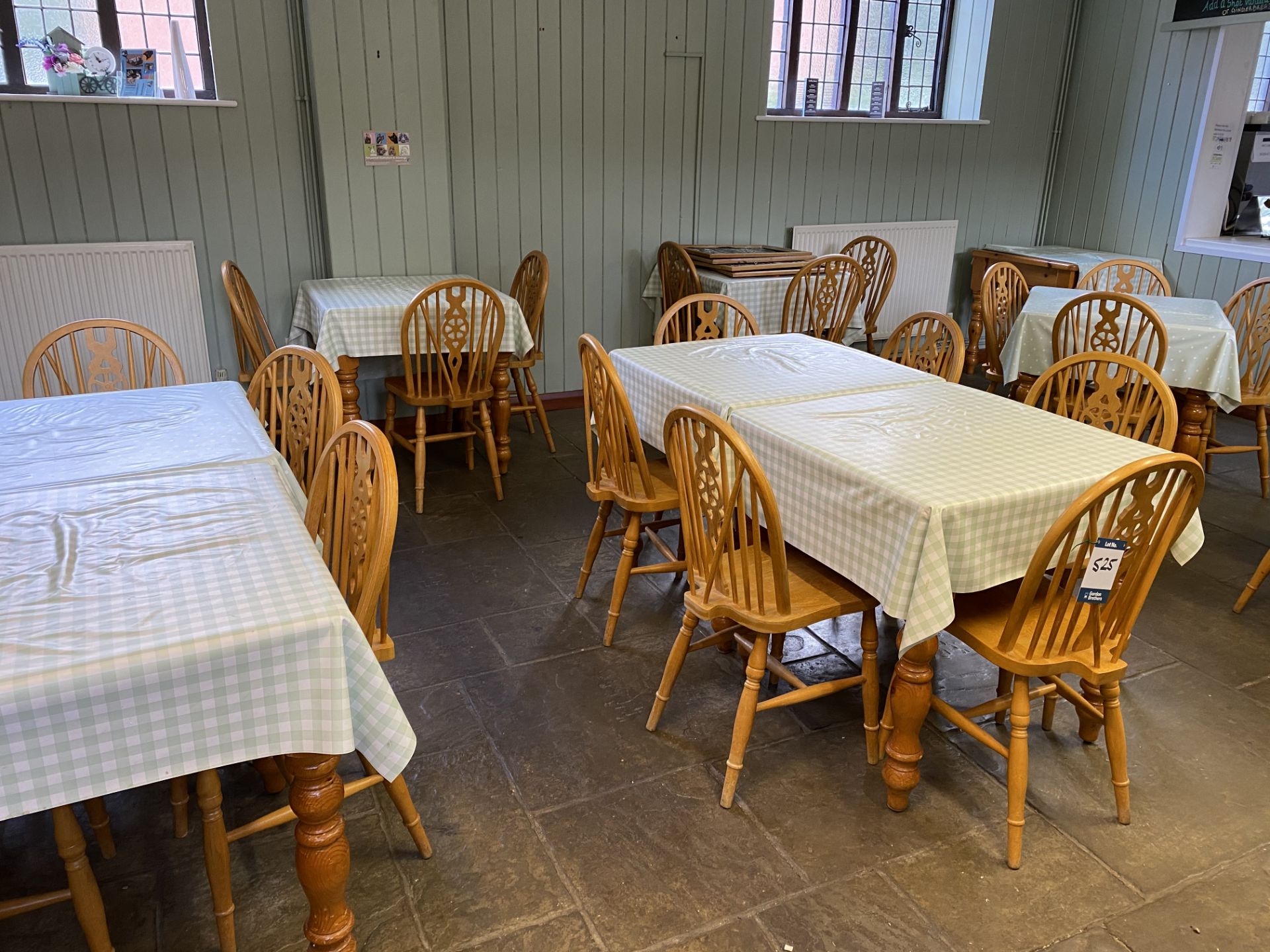 10 Pine square café tables and 26 wheel back dining chairs - located Visitor Centre Canteen