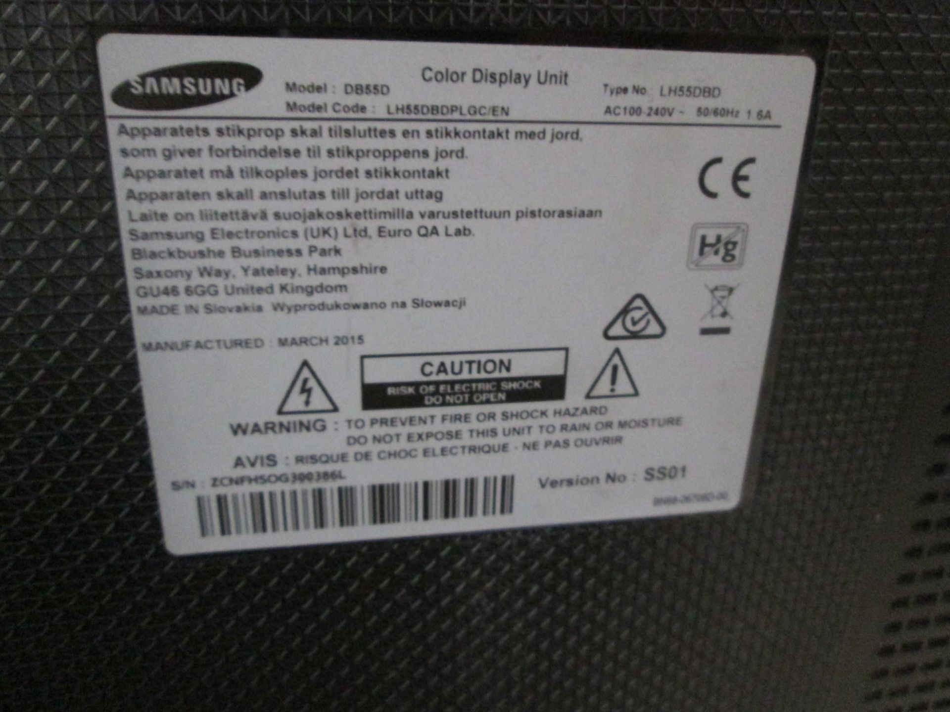 2 off Samsung 55" Colour Monitors, Models DB55D, S/N's ZCNFHSOG300386L & ZCNFHSOG300326A, YOM - Image 5 of 7