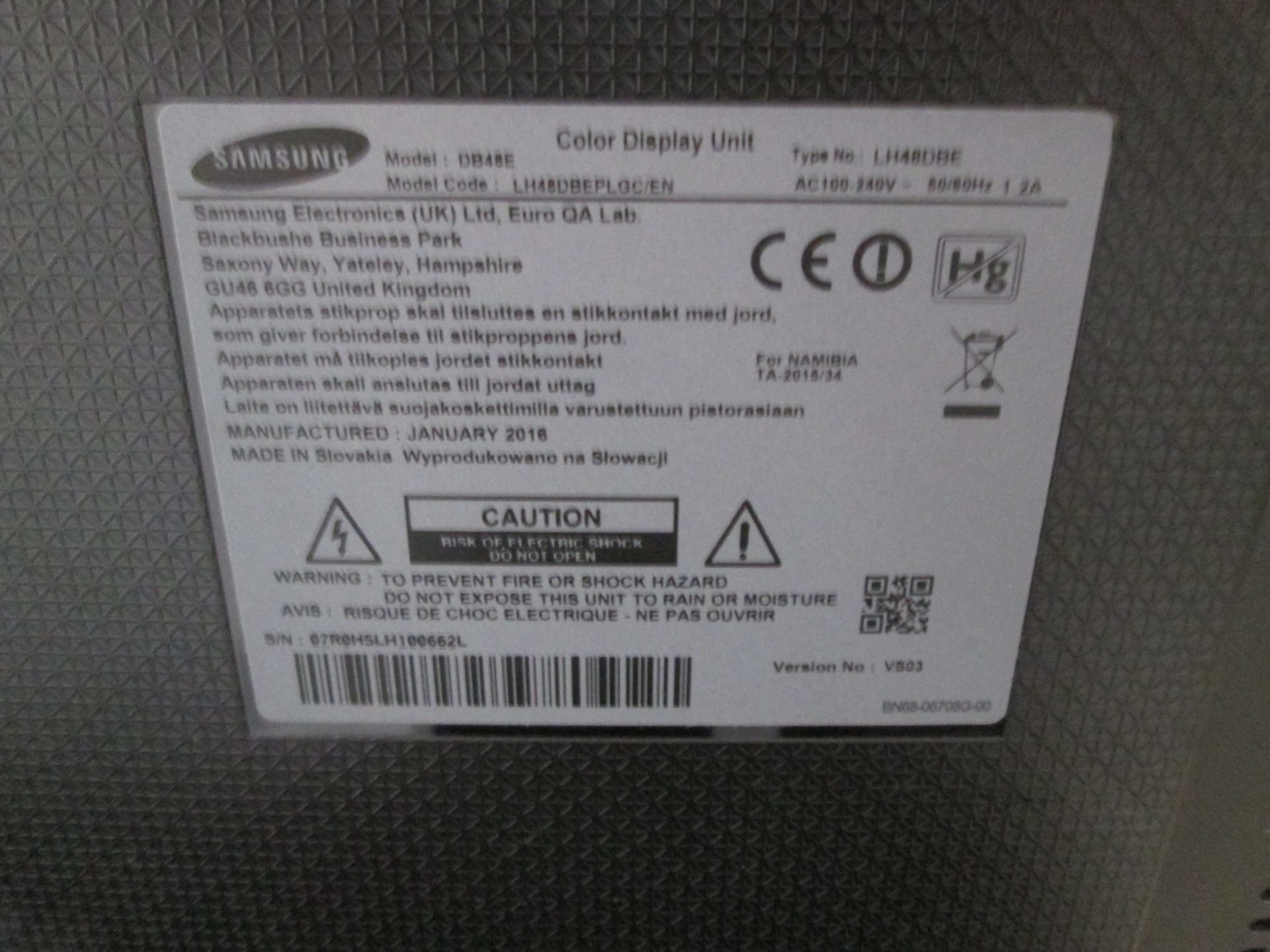 Samsung 48" Colour Monitor, Model DB48E, S/N 07R0HSLH100662L, YOM 2016, Includes flight case, - Image 3 of 4