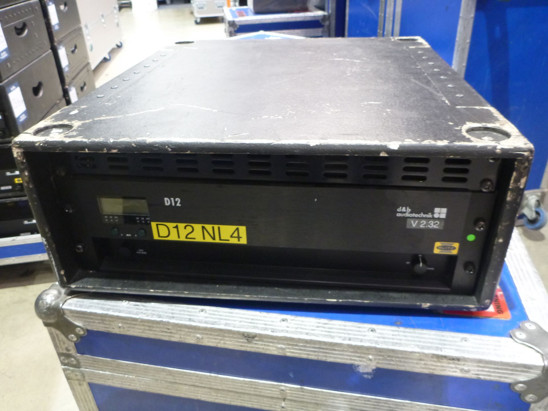D & B Audiotecknik D12 NL4 2 Chnl Power Amplifier. Mounted in rack mount box, 13A to powercon cable.