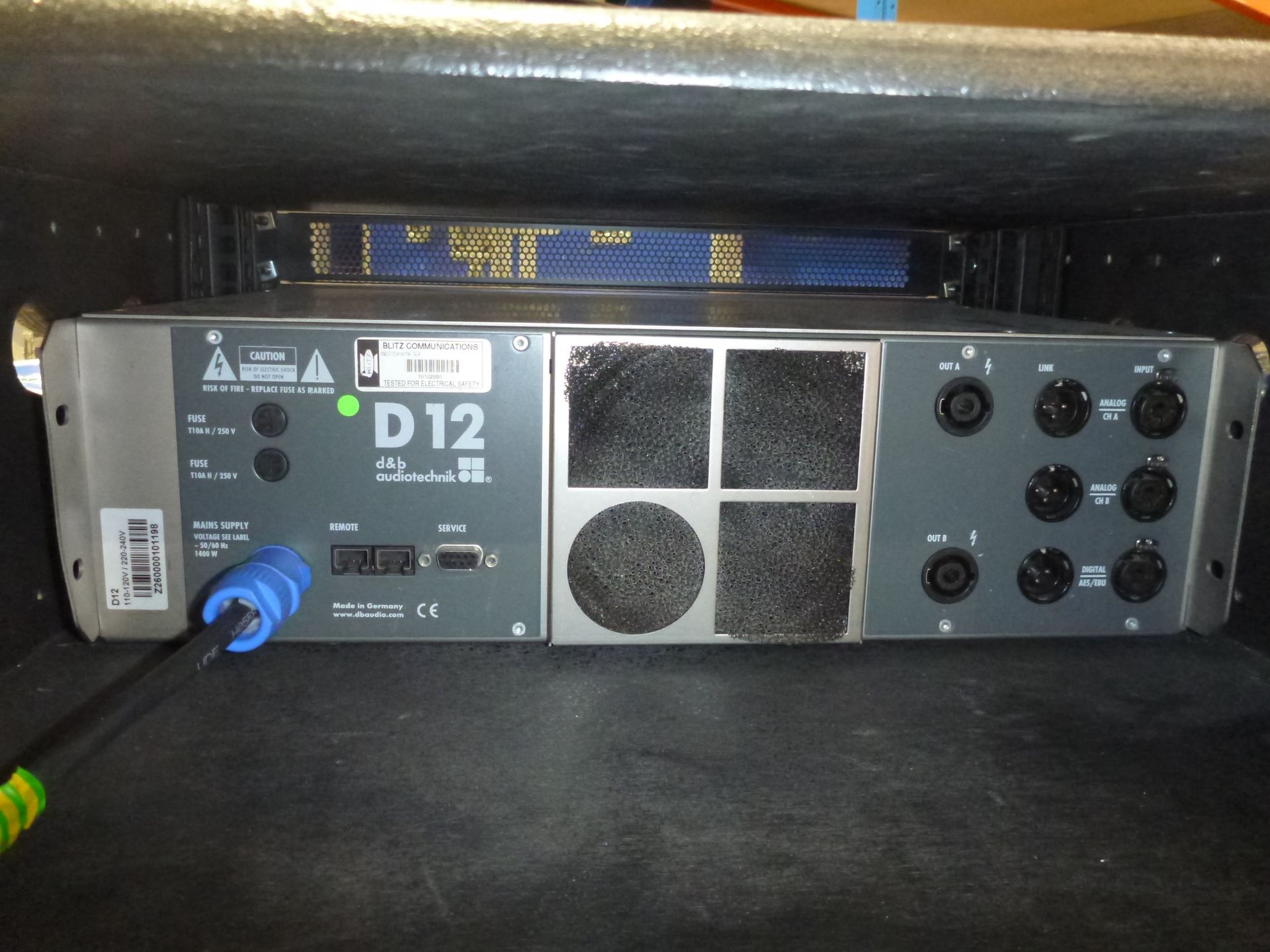 D & B Audiotecknik D12 NL4 2 Chnl Power Amplifier. Mounted in rack mount box, 13A to powercon cable. - Image 3 of 4