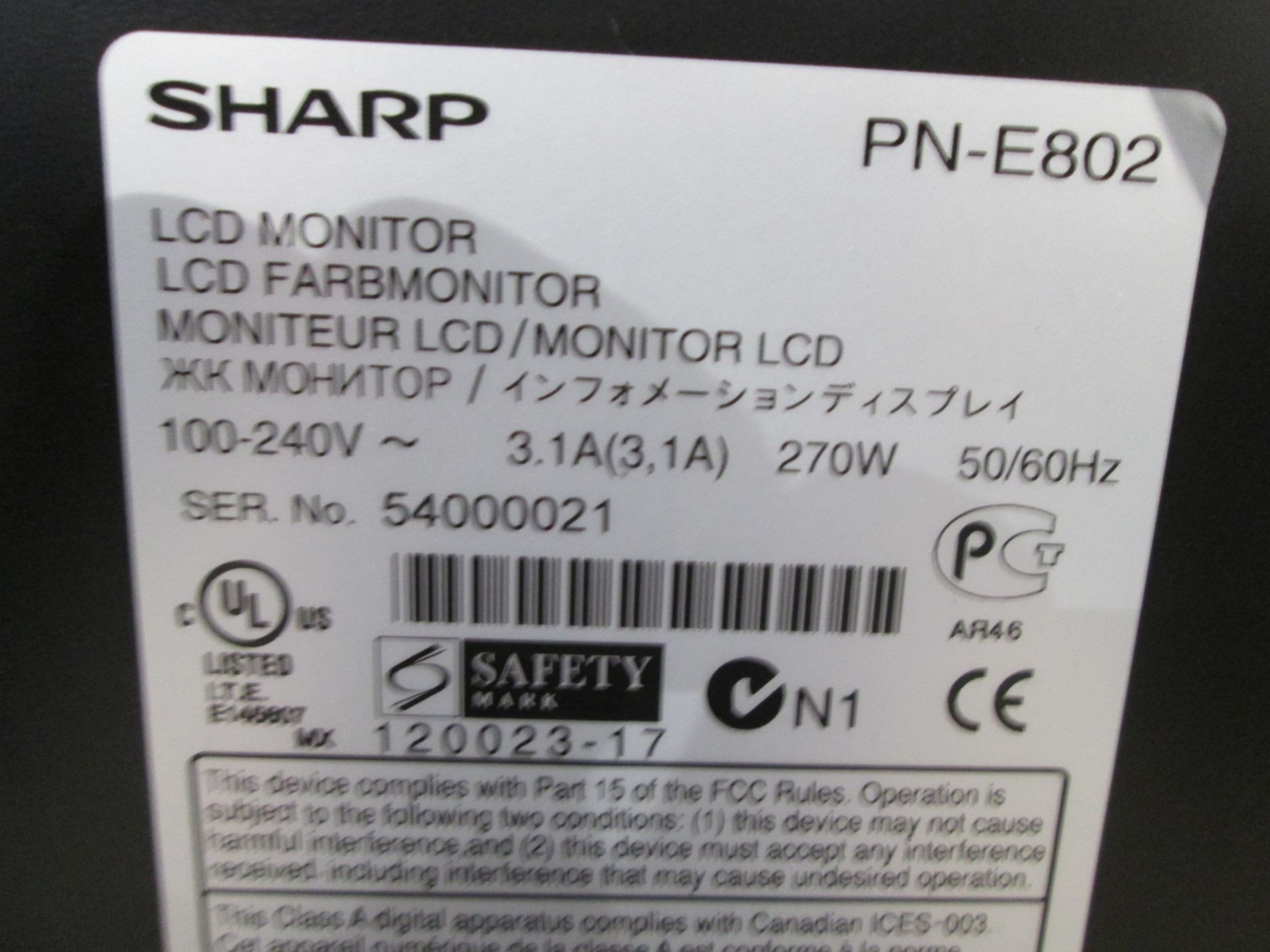 Sharp 80" Colour Monitor, Model PN-E802, S/N 54000021, In flight case with back plate and remote - Image 4 of 5