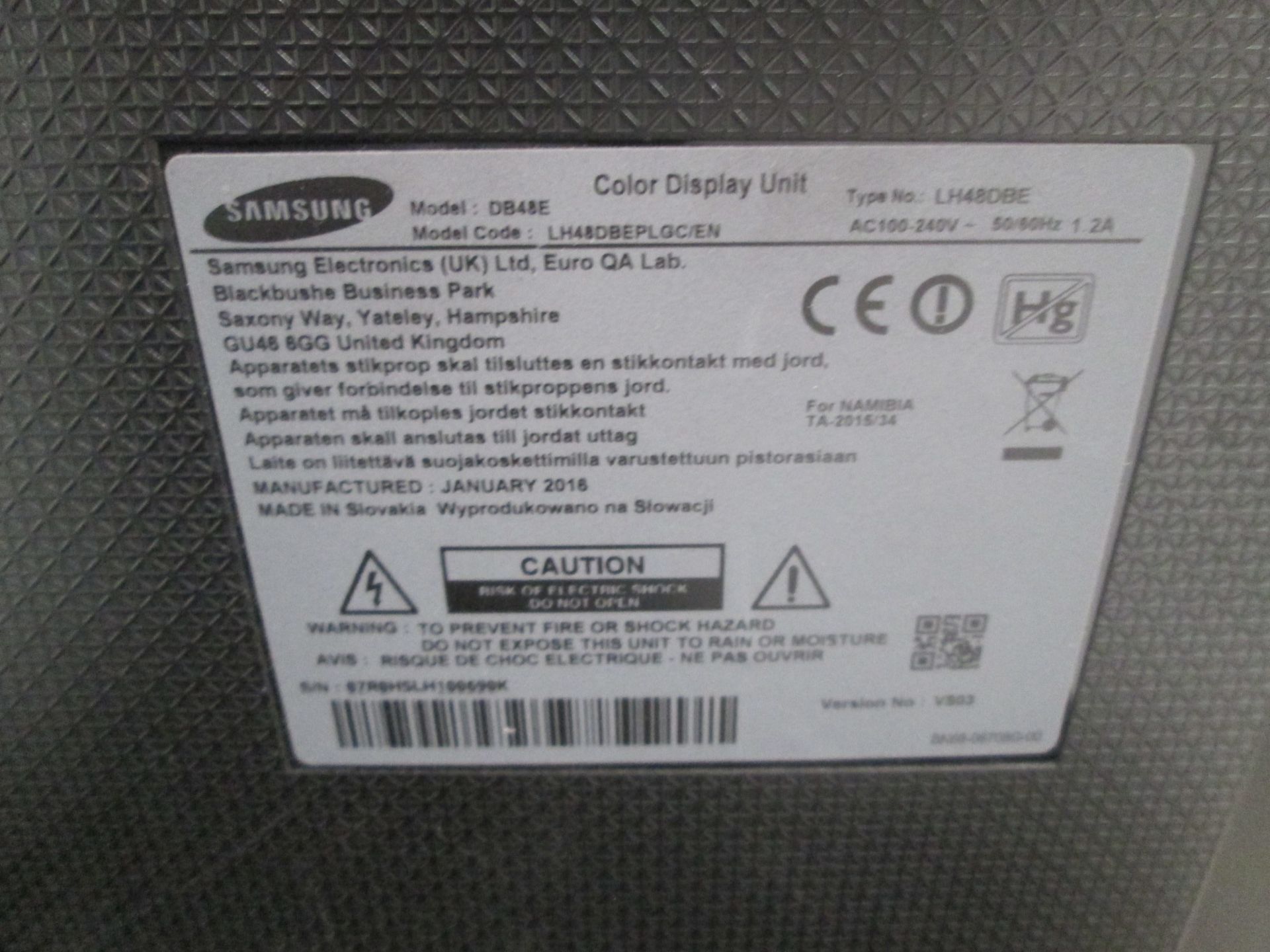 Samsung 48" Colour Monitor, Model DB48E, S/N 07R0HSLH100690K, YOM 2016, Includes flight case, - Image 3 of 5