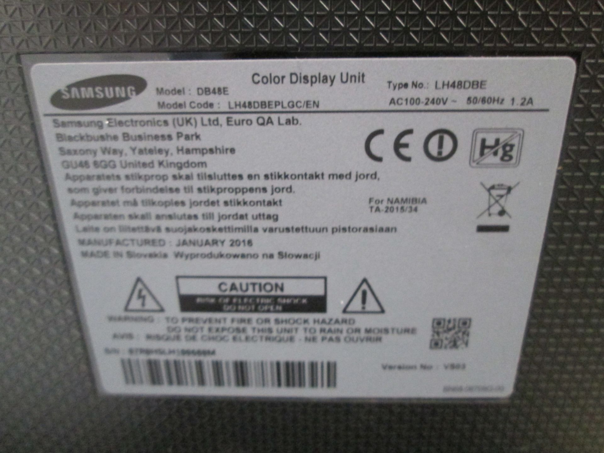 Samsung 48" Colour Monitor, Model DB48E, S/N 07R0HSLH100680M, YOM 2016, Includes flight case, - Image 3 of 4