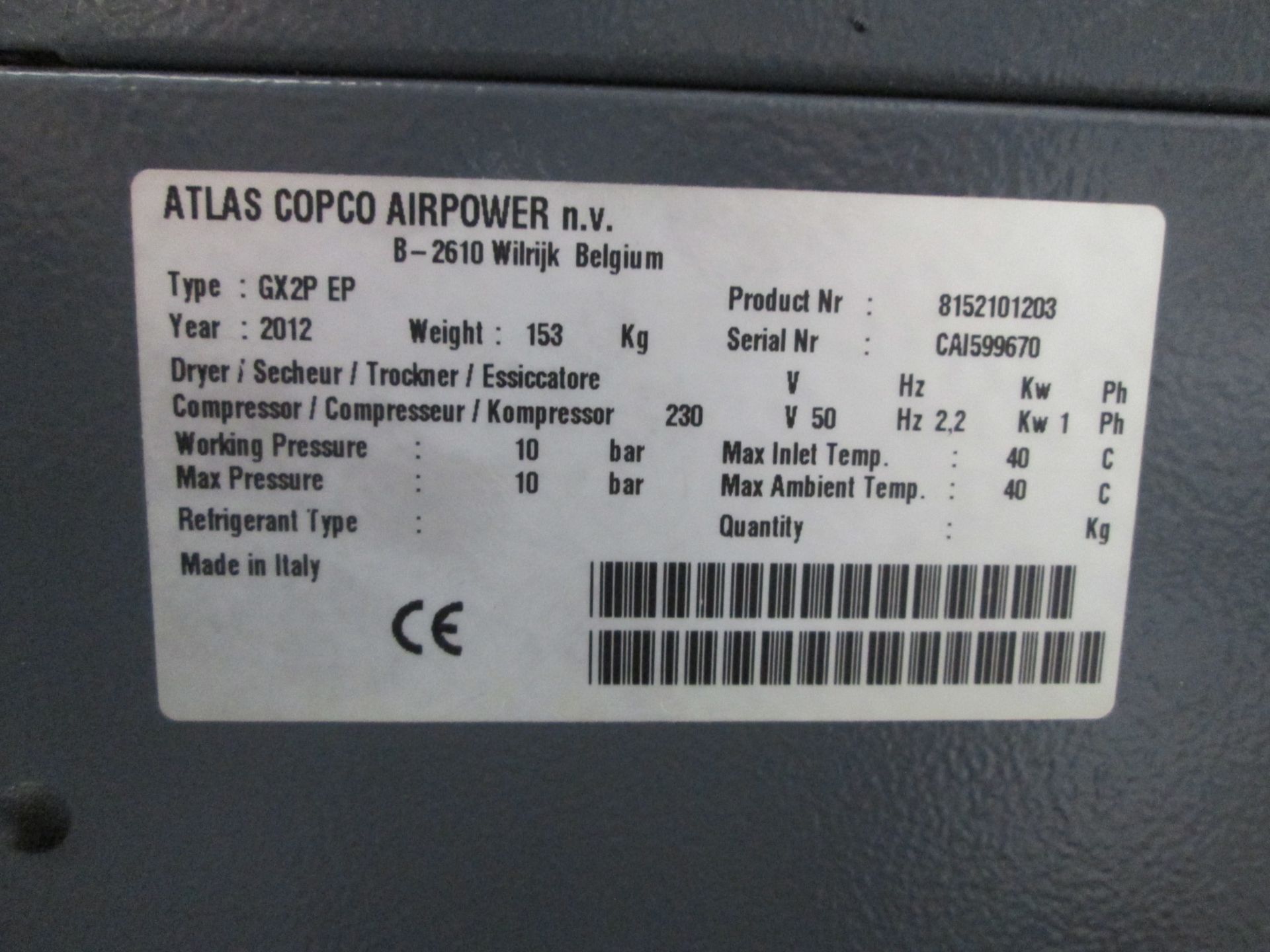 Altas Copco GX2P EP Air Compressor Mounted on Horizontal Air Receiver, Working pressure 10 bar, - Image 5 of 6