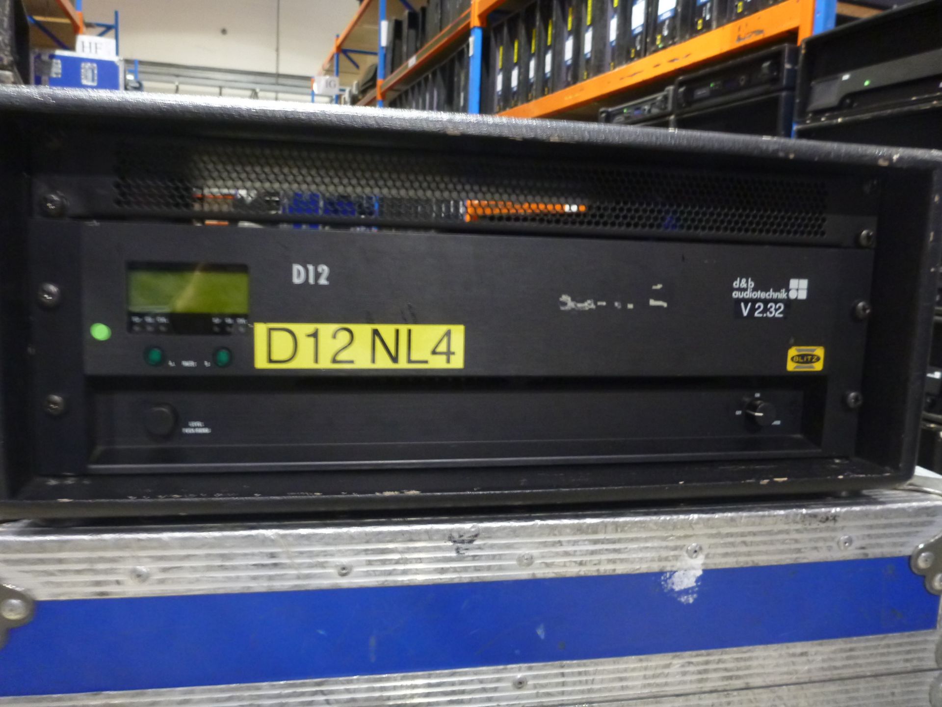D & B Audiotecknik D12 NL4 2 Chnl Power Amplifier. Mounted in rack mount box, 13A to powercon cable.