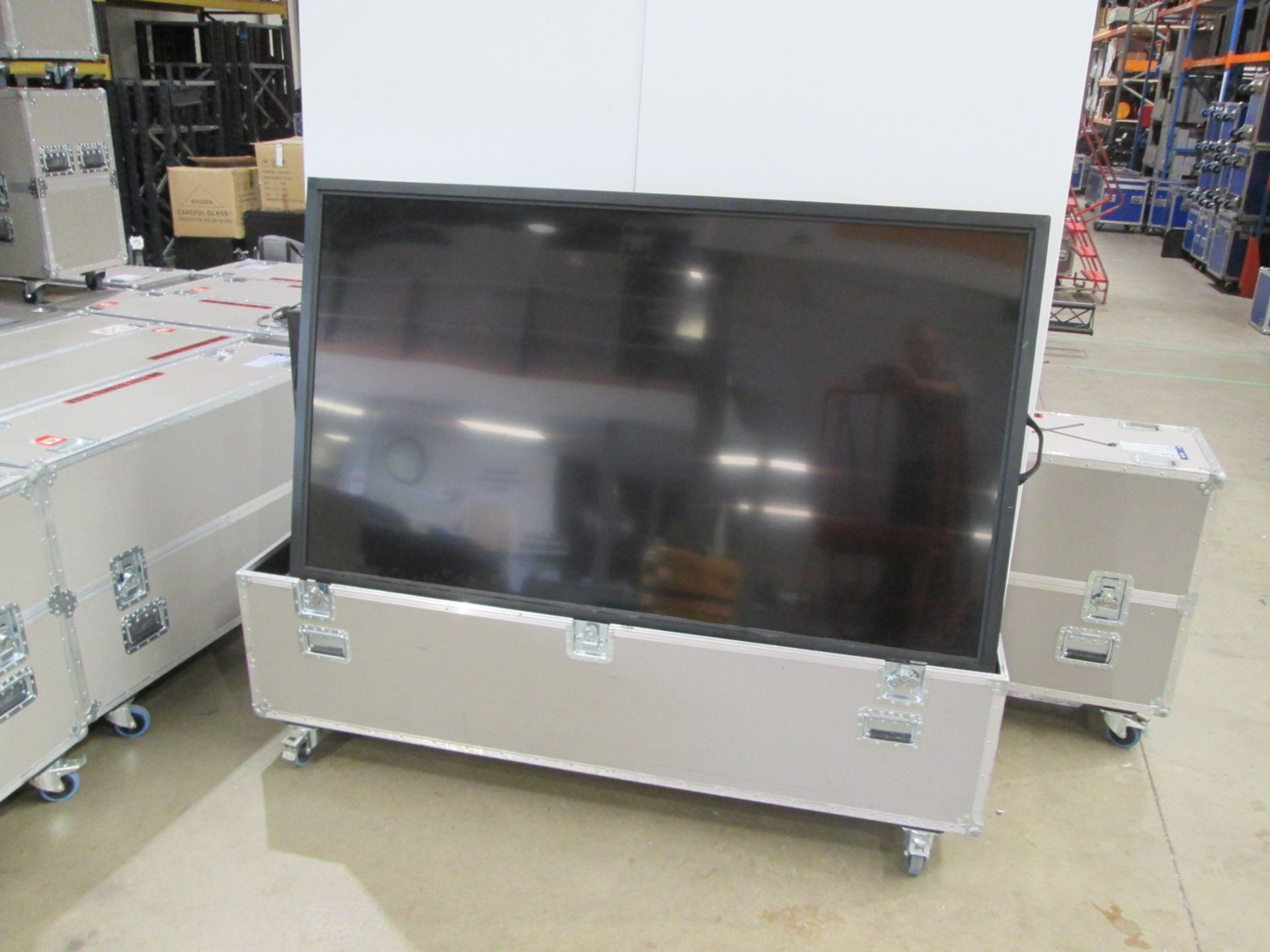 Sharp 80" Colour Monitor, Model PN-E802, S/N 54000061, In flight case with back plate and remote