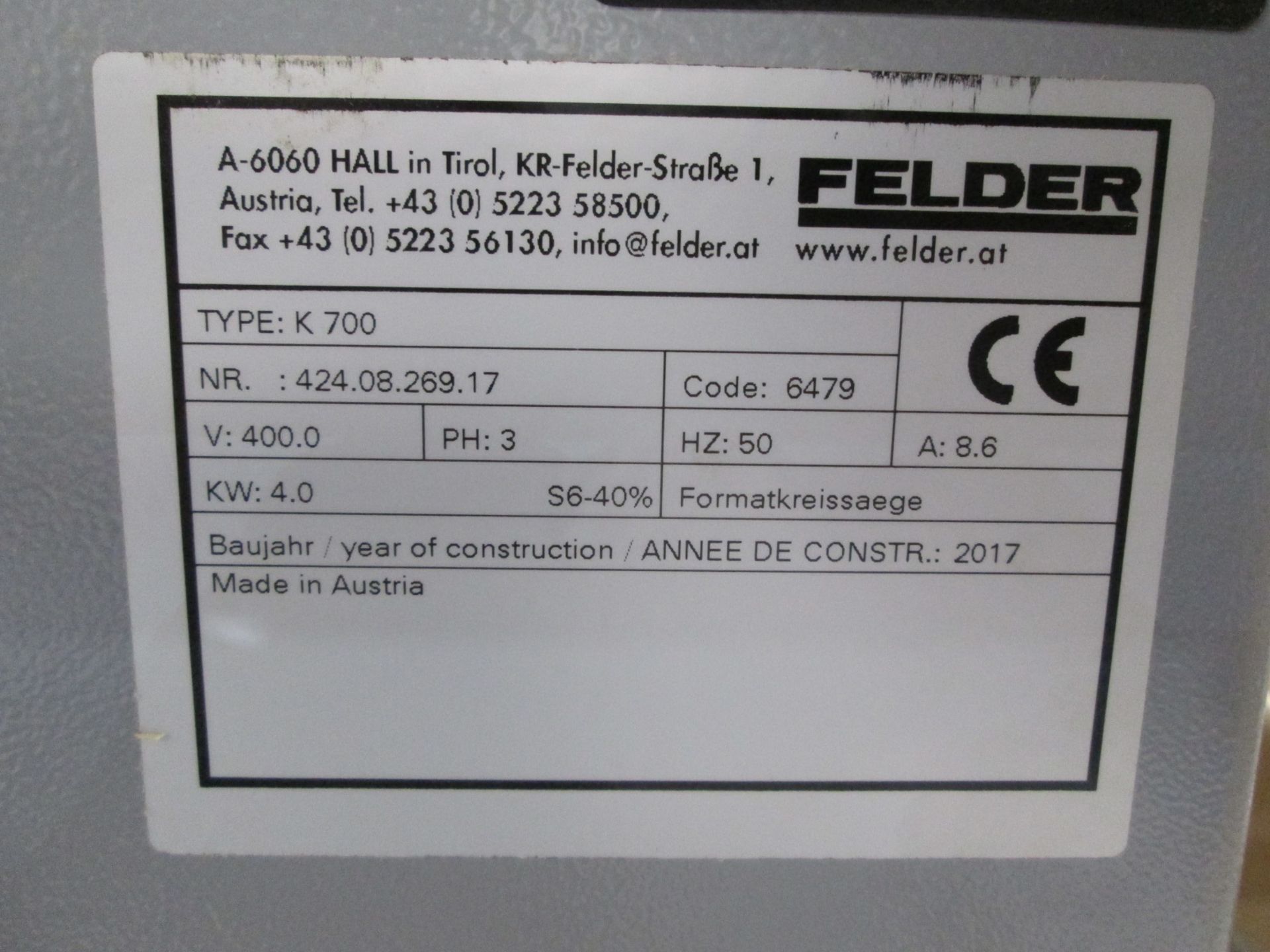 Felder K700 Sliding Table Saw, Sliding table size 2050 mm x 315 mm, Sliding fence size 1872 mm, - Image 14 of 19