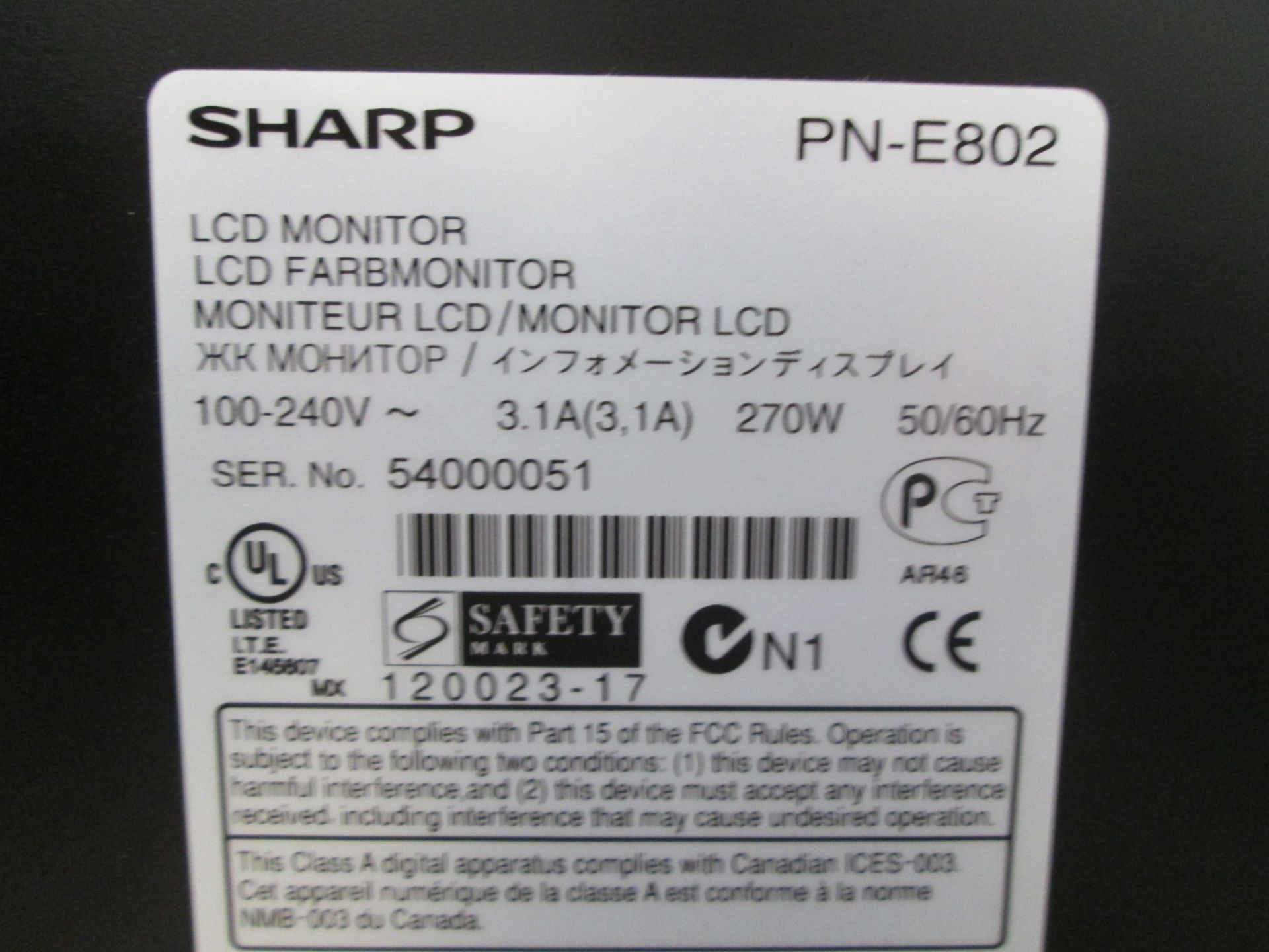 Sharp 80" Colour Monitor, Model PN-E802, S/N 54000051, In flight case with backplate, mains lead and - Image 3 of 5