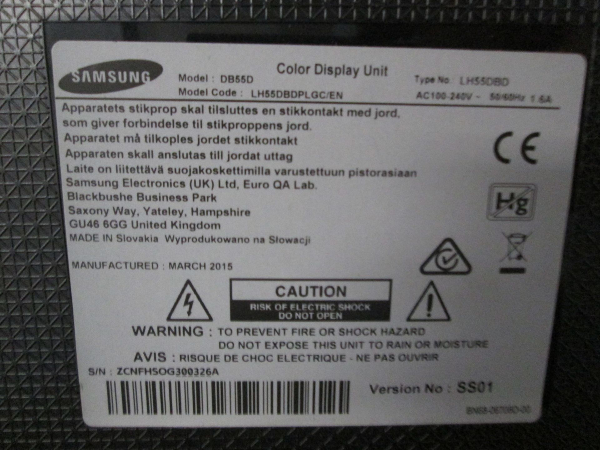 2 off Samsung 55" Colour Monitors, Models DB55D, S/N's ZCNFHSOG300386L & ZCNFHSOG300326A, YOM - Image 2 of 7