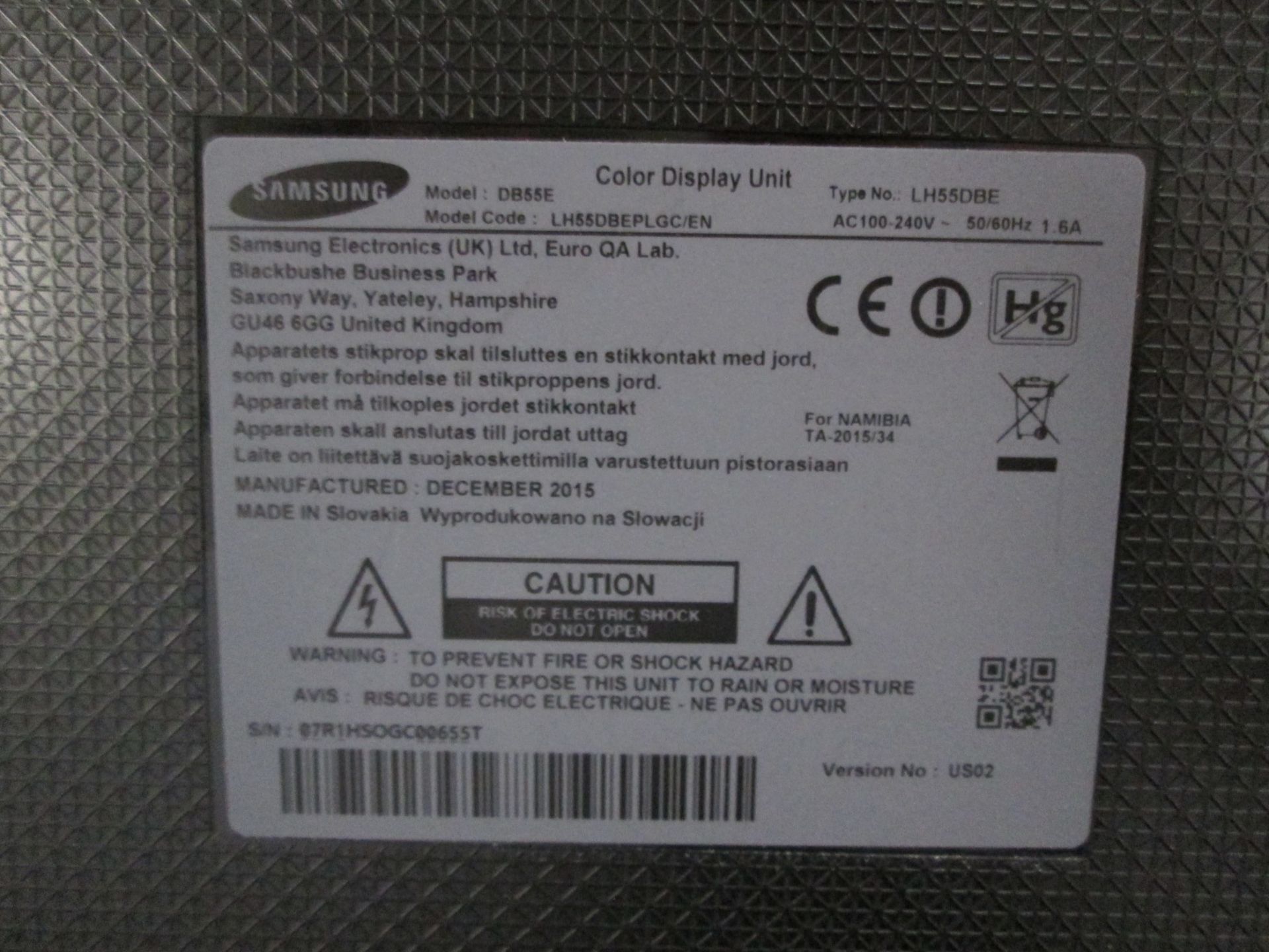 2 off Samsung 55" Colour Monitors, Models DB55D, S/N's 07R1HSOGC00655T & 07R1HSOH300543K, YOM 2015 / - Image 2 of 7