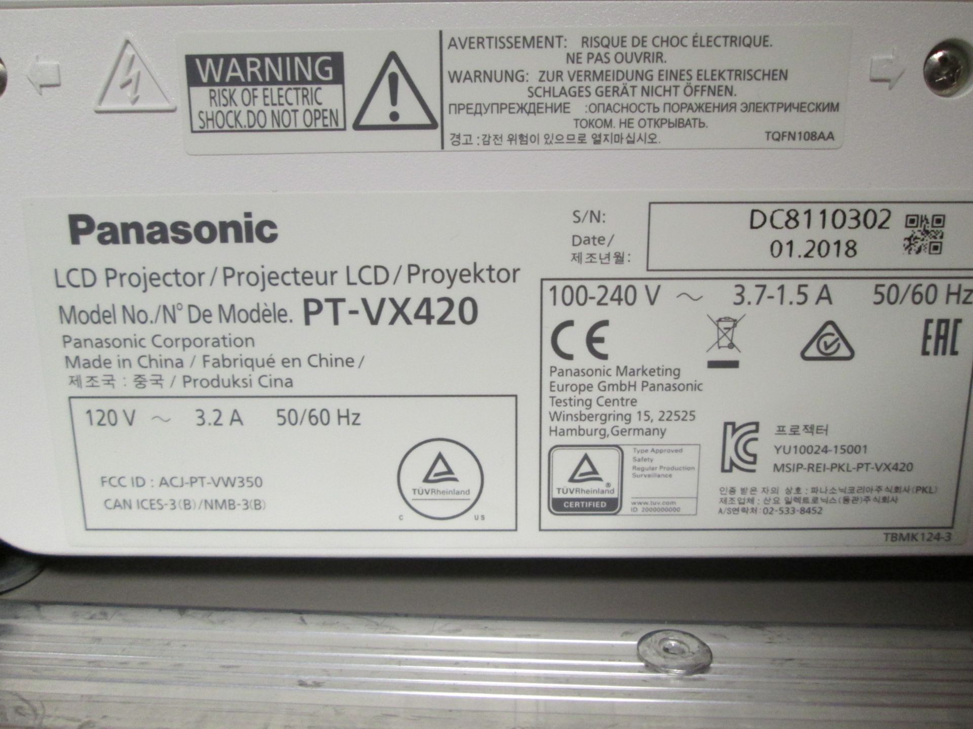 Panasonic PT-VX420 LCD Projector, S/N DC8110320, YOM 2018, In flight case - Image 4 of 6
