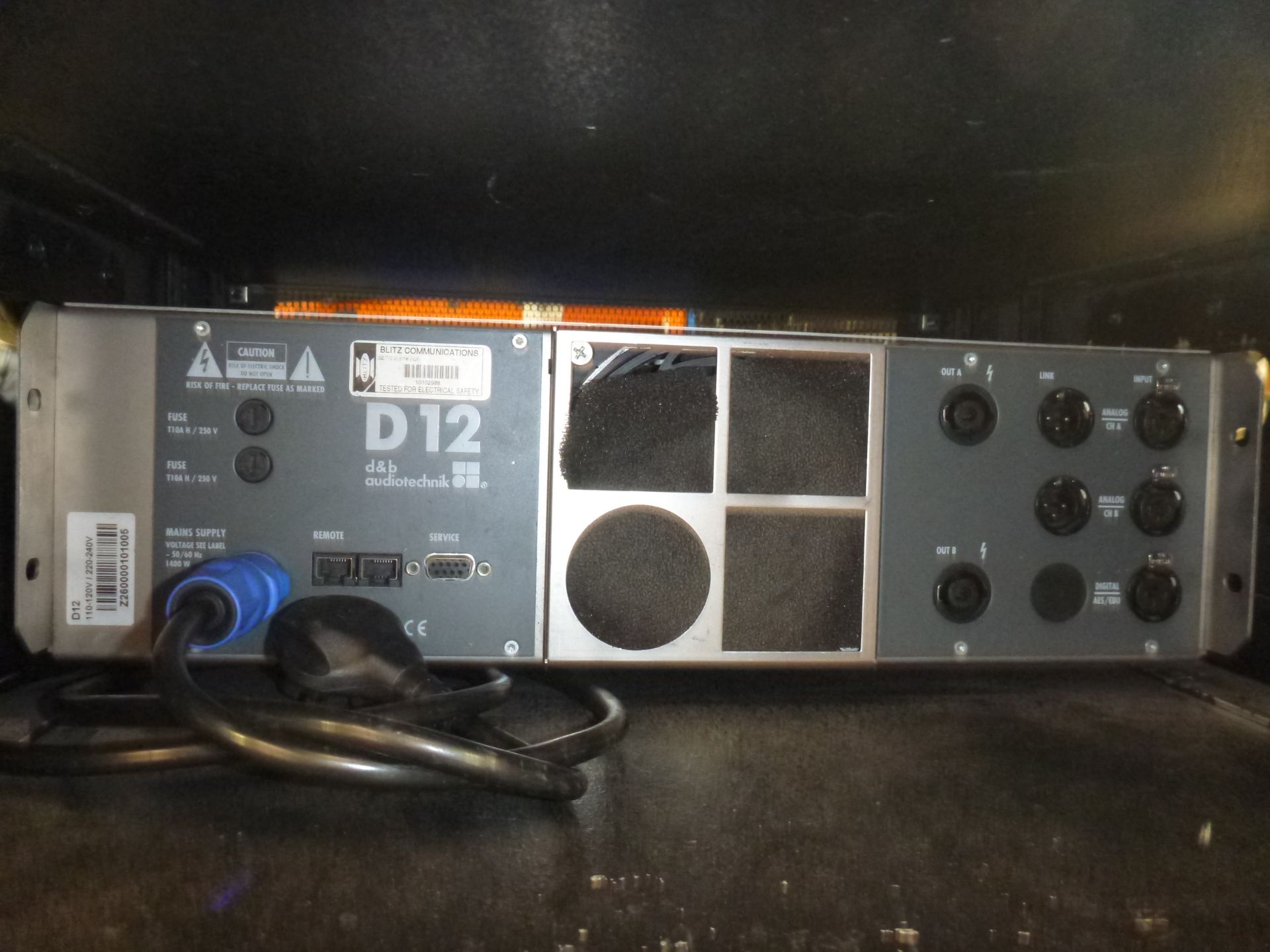 D & B Audiotecknik D12 NL4 2 Chnl Power Amplifier. Mounted in rack mount box, 13A to powercon cable. - Image 3 of 4