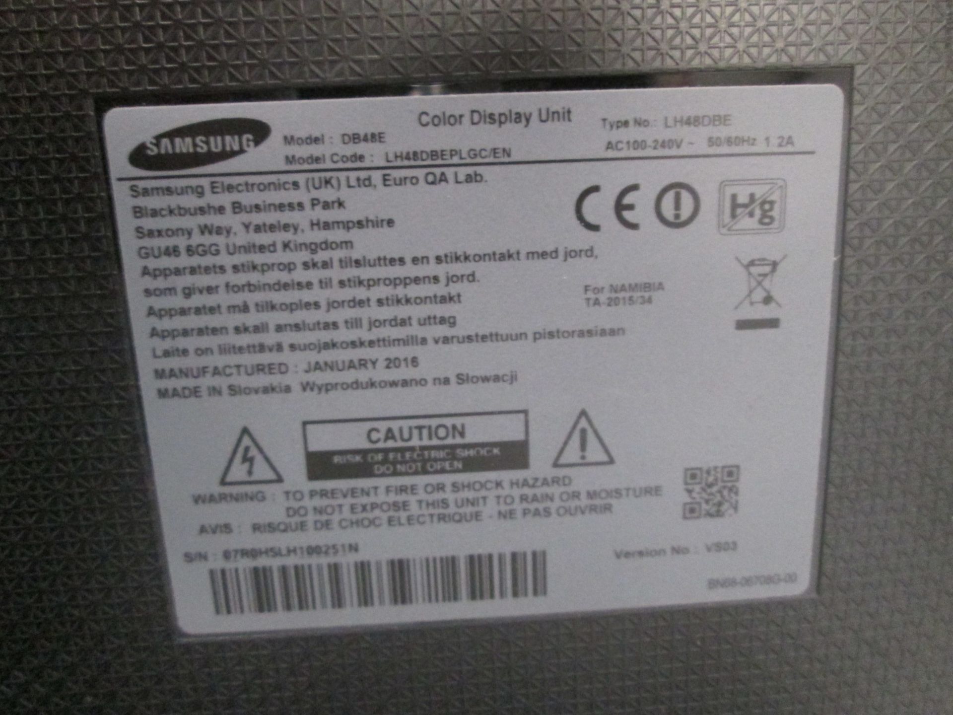2 off Samsung 48" Colour Monitor, Model DB48E, S/N 07R0HSLH100251N & ZCMLHSPG400470V, YOM 2015/6, - Image 3 of 4