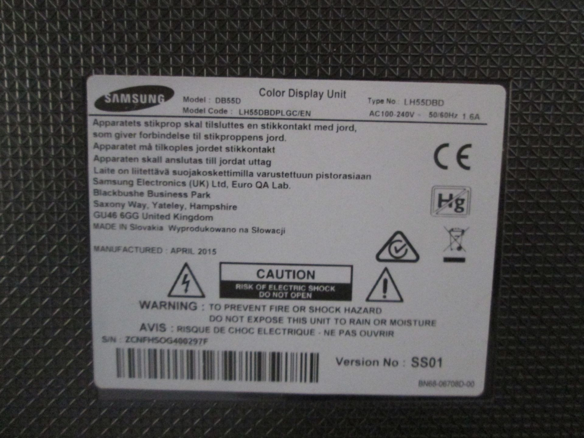 2 off Samsung 55" Colour Monitors, Models DB55D, S/N's ZCNFHSOG400297F & ZCNFHSOG300324V, YOM - Image 2 of 7