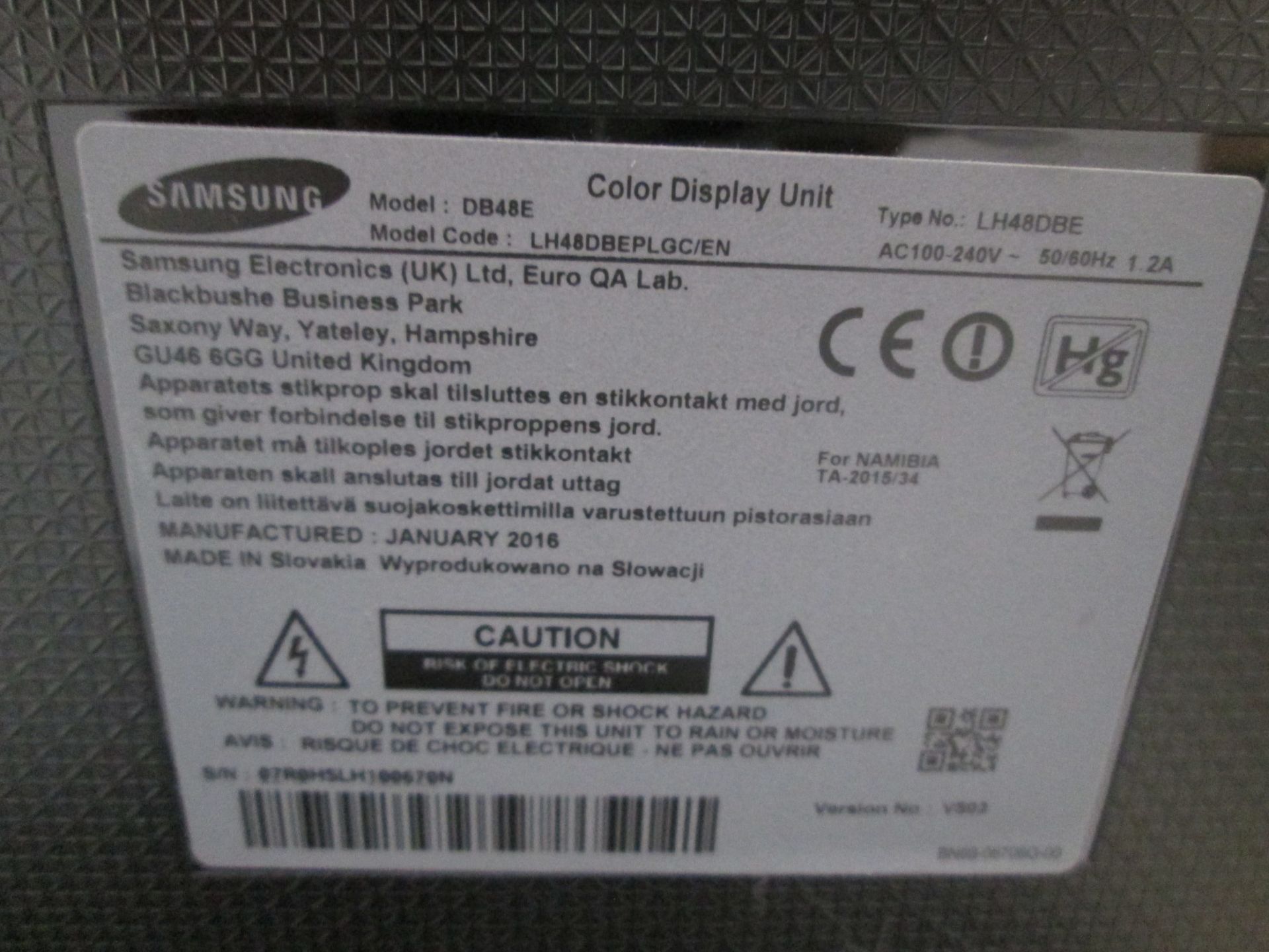 2 off Samsung 48" Colour Monitor, Model DB48E, S/N 07R0HSLH100670N & 07R0HSLH100681H, YOM 2016, - Image 4 of 7