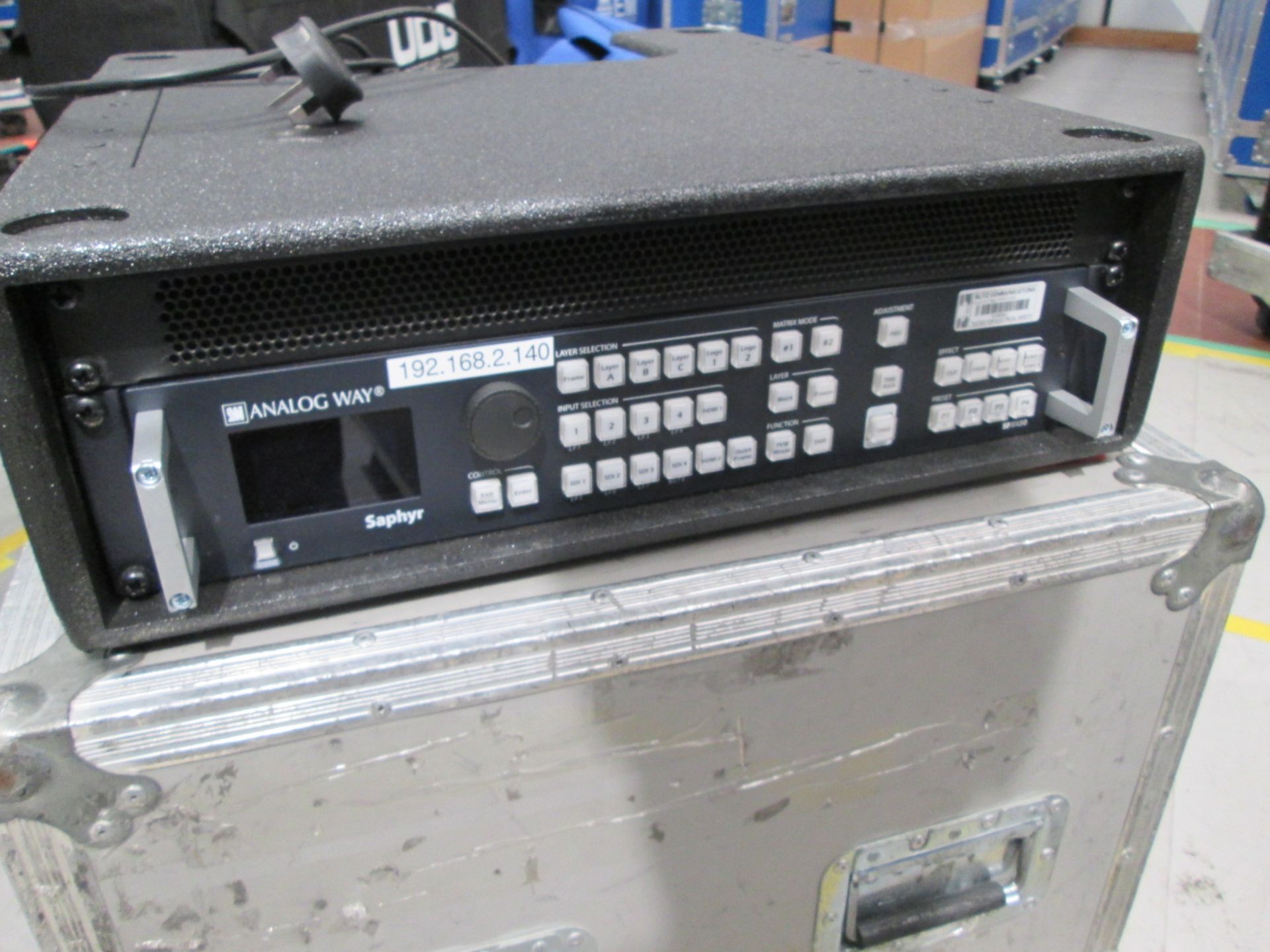 Analog Way Saphyr SPX450 Switcher with 2 x Dell 24" monitors and Netgear 24 port gigabit switch.