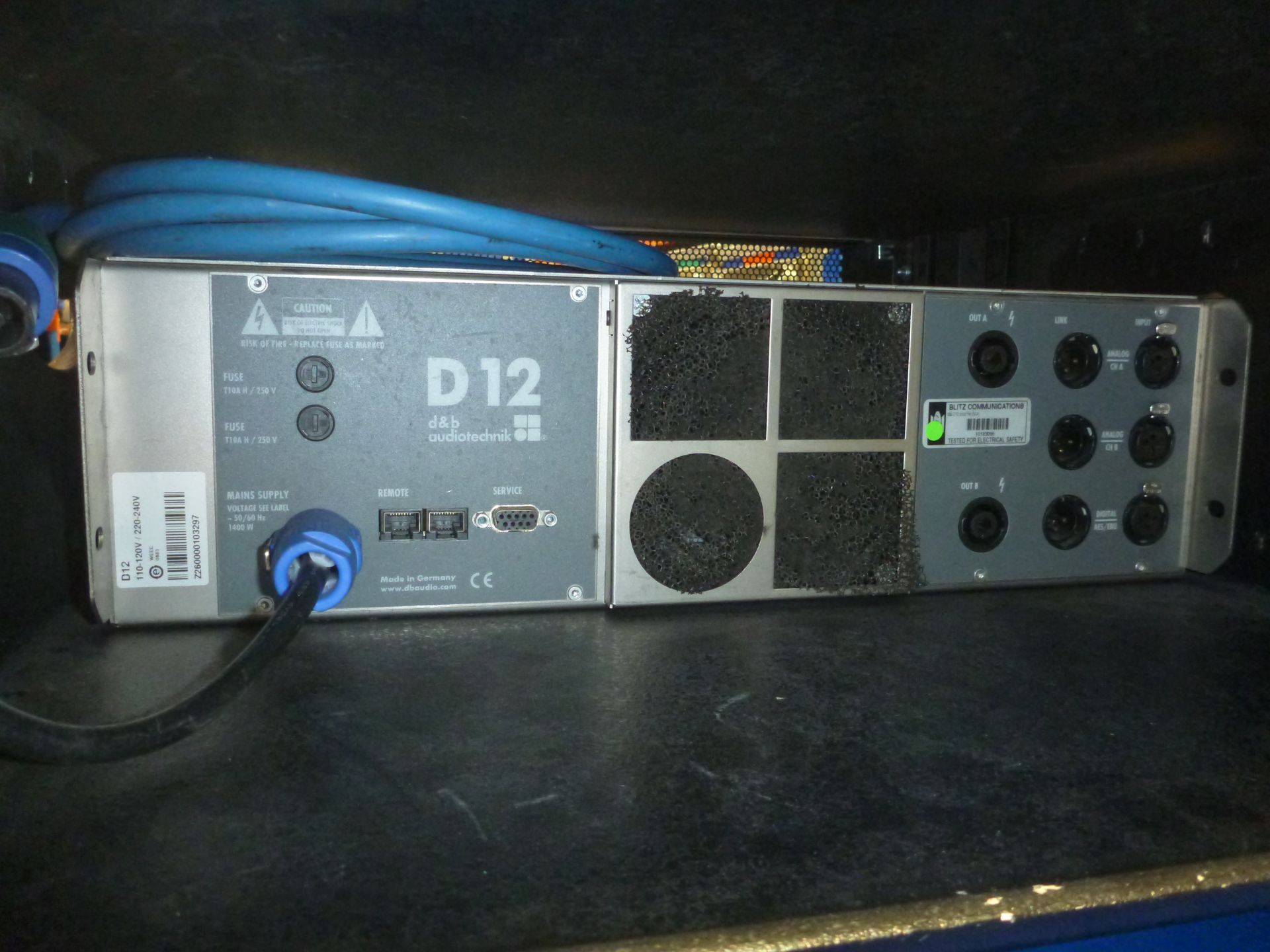 D & B Audiotecknik D12 NL4 2 Chnl Power Amplifier. Mounted in rack mount box, 13A to powercon cable. - Image 3 of 4