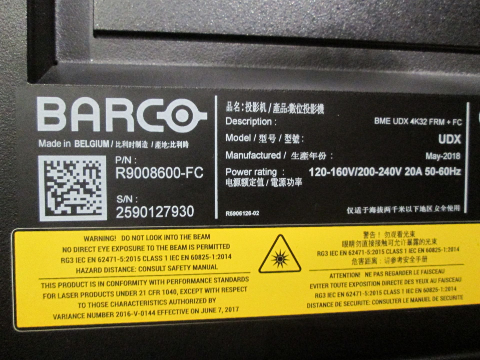 Barco BME UDX 4K32 FRM+FC Laser Projector. S/N R9008600-FC2590127930. In flight case with hanging br - Image 7 of 11