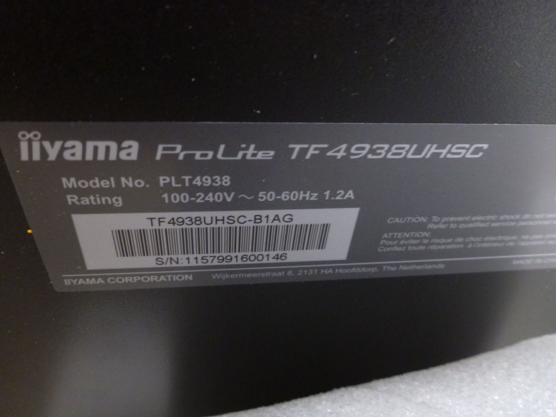 Iiyama 49" Touchscreen Colour LCD Monitor, Model PLT4938, S/N 1157991600146, YOM 2019, Includes - Image 4 of 9