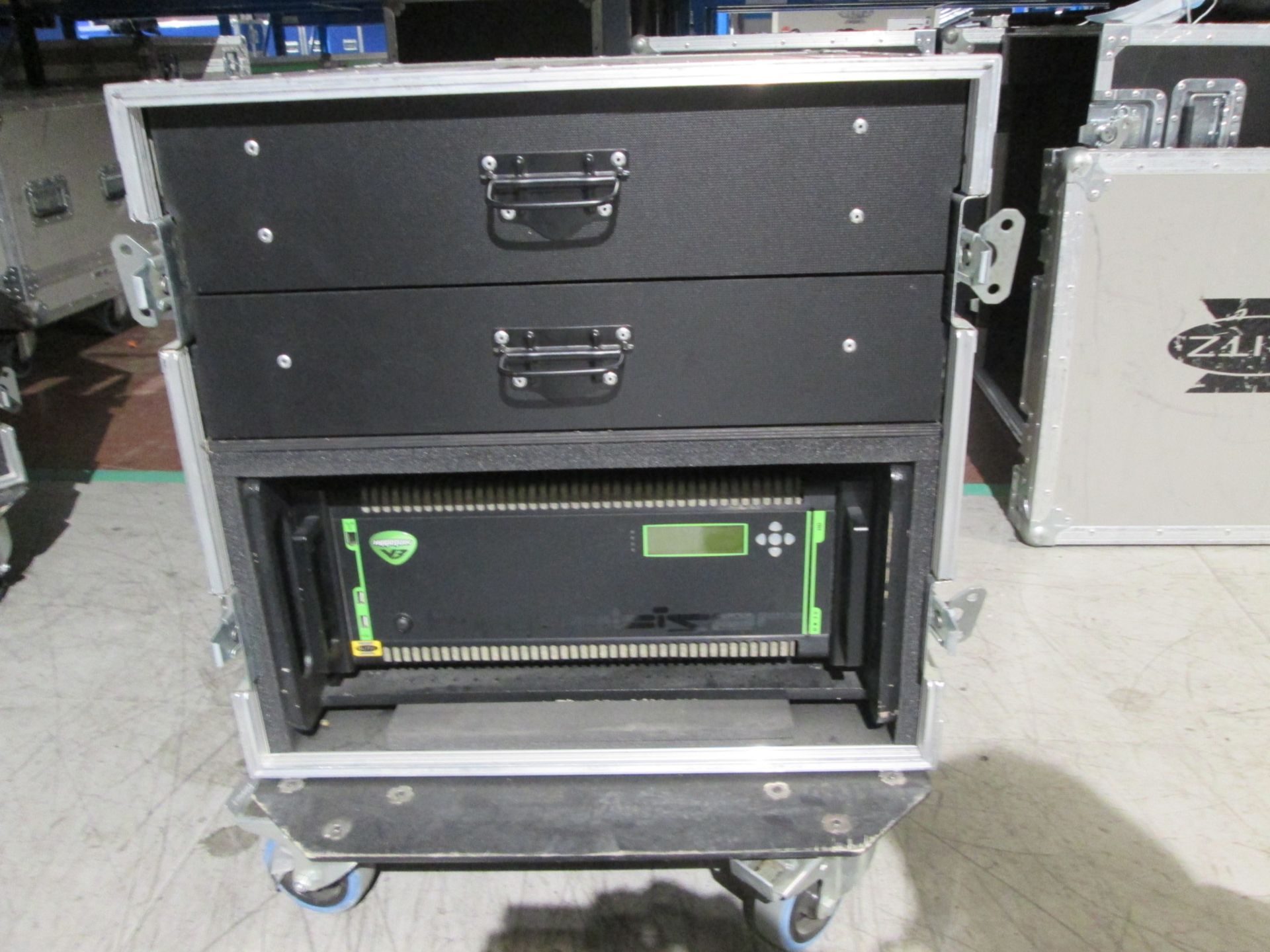 Green Hippo V5 Hippotiser Media Graphics Server with fader remote panel. S/N 2200. In flight case