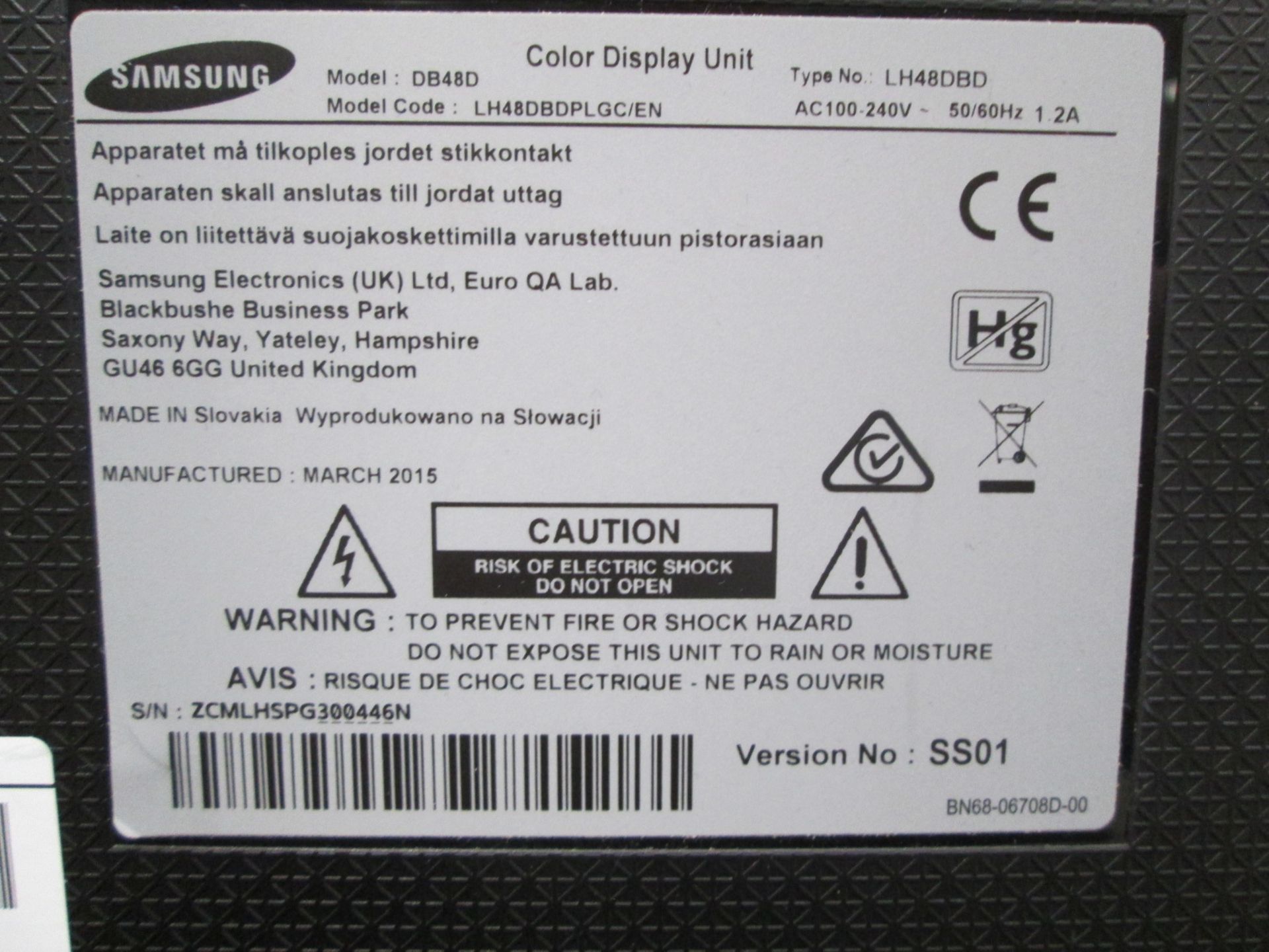 2 off Samsung 48" Colour Monitor, Model DB48E, S/N 07R0HSLHA00814W & ZCMLHSPG300446N , YOM 2015/6, - Image 5 of 6