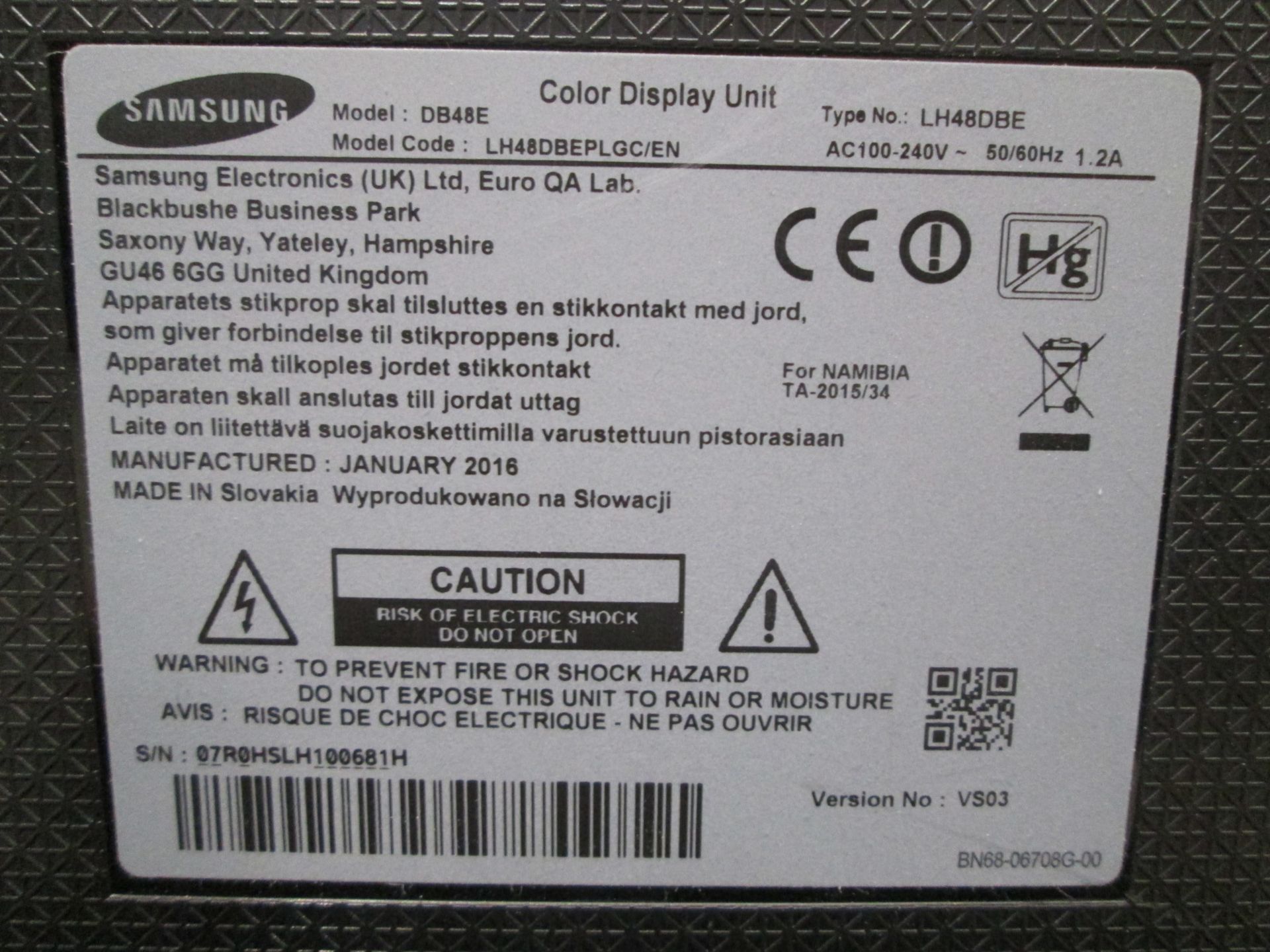 2 off Samsung 48" Colour Monitor, Model DB48E, S/N 07R0HSLH100670N & 07R0HSLH100681H, YOM 2016, - Image 6 of 7