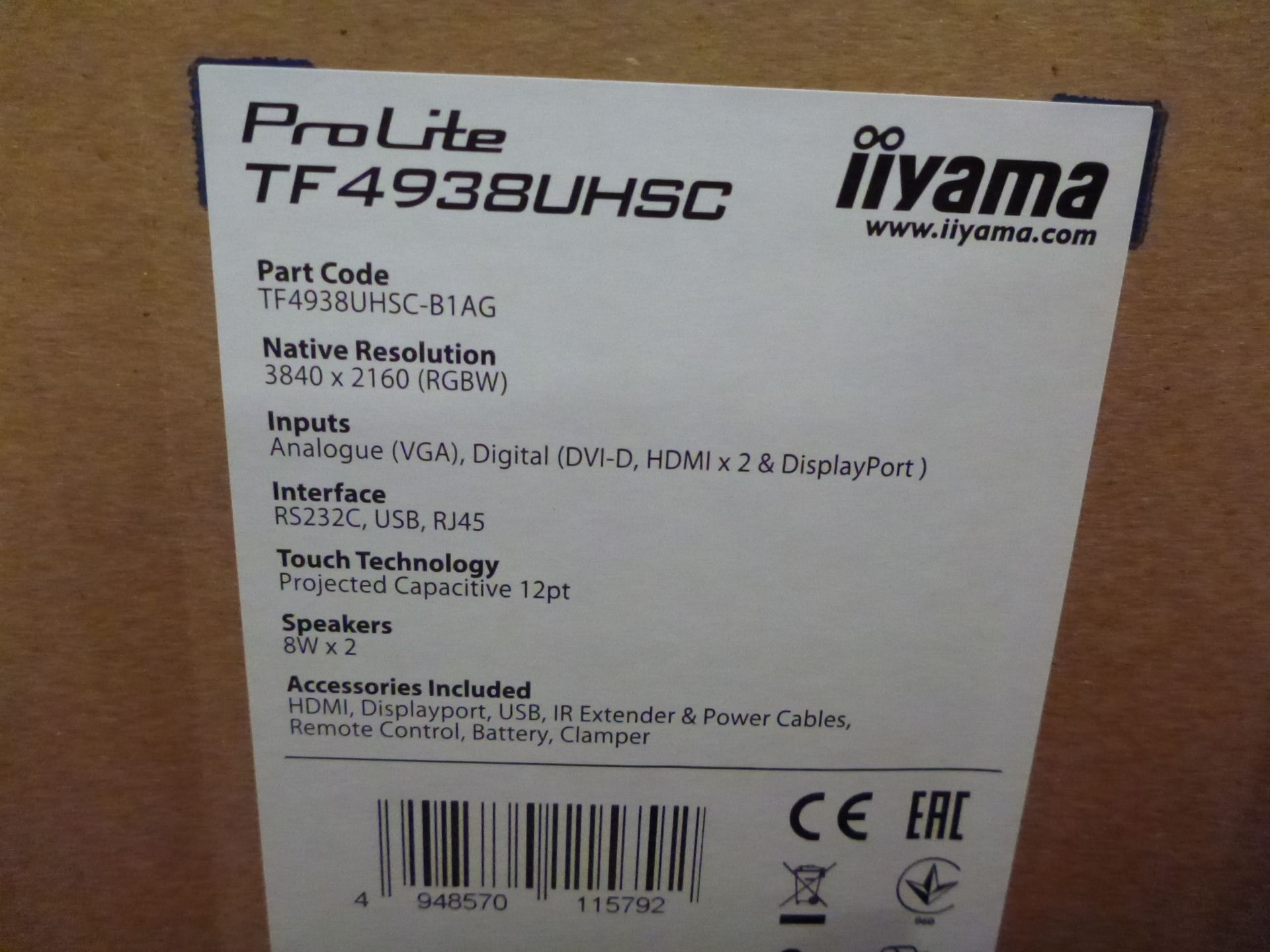 Iiyama 49" Touchscreen Colour LCD Monitor, Model PLT4938, S/N 1157991600146, YOM 2019, Includes - Image 8 of 9