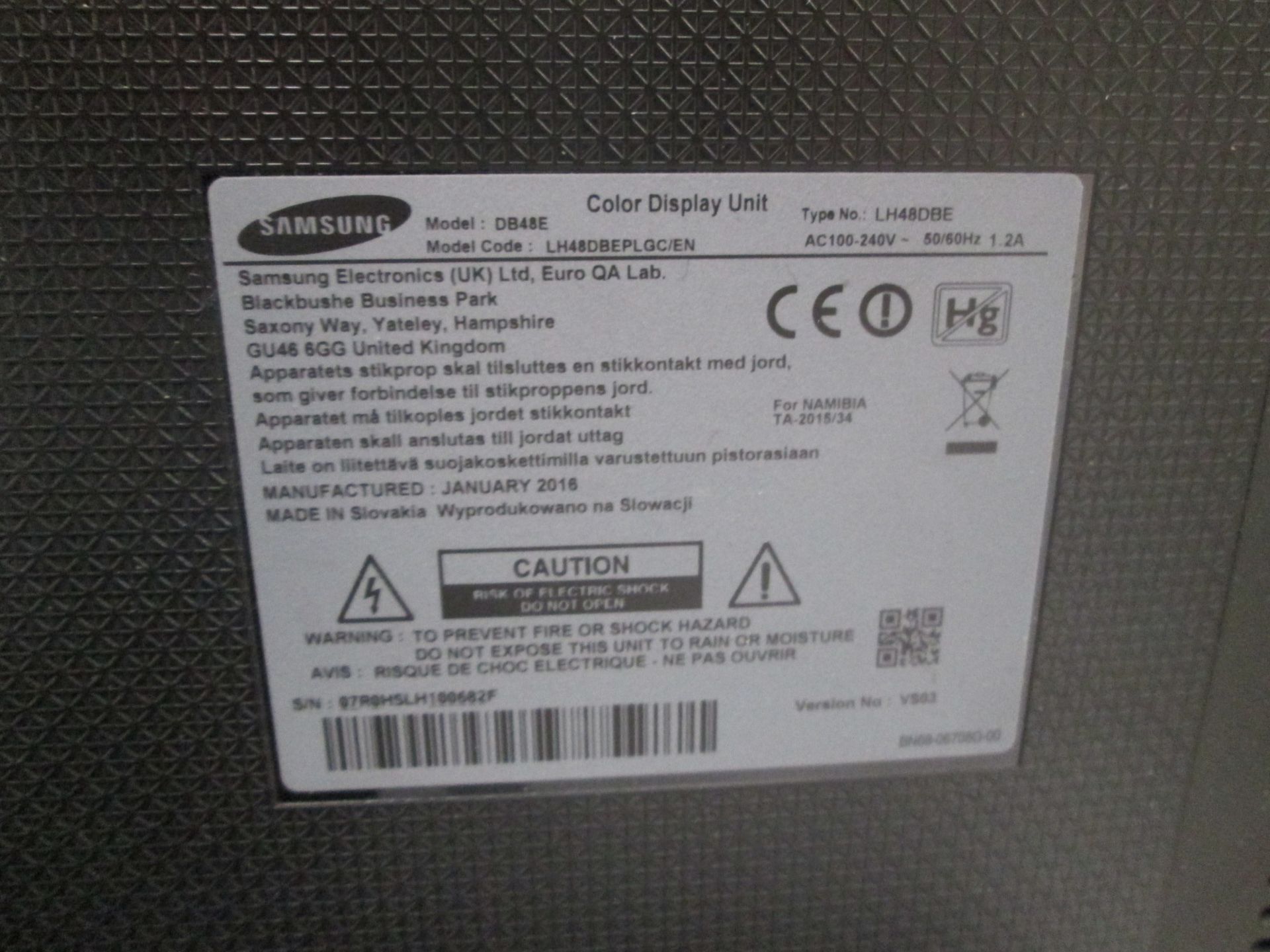 Samsung 48" Colour Monitor, Model DB48E, S/N 07R0HSLH100682F, YOM 2016, Includes flight case, - Image 3 of 4