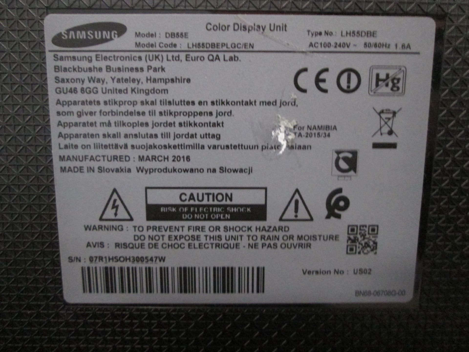 2 off Samsung 55" Colour Monitors, Models DB55D, S/N's 07R1HSOH300547W & 07R1HSOG800113V, YOM - Image 2 of 7