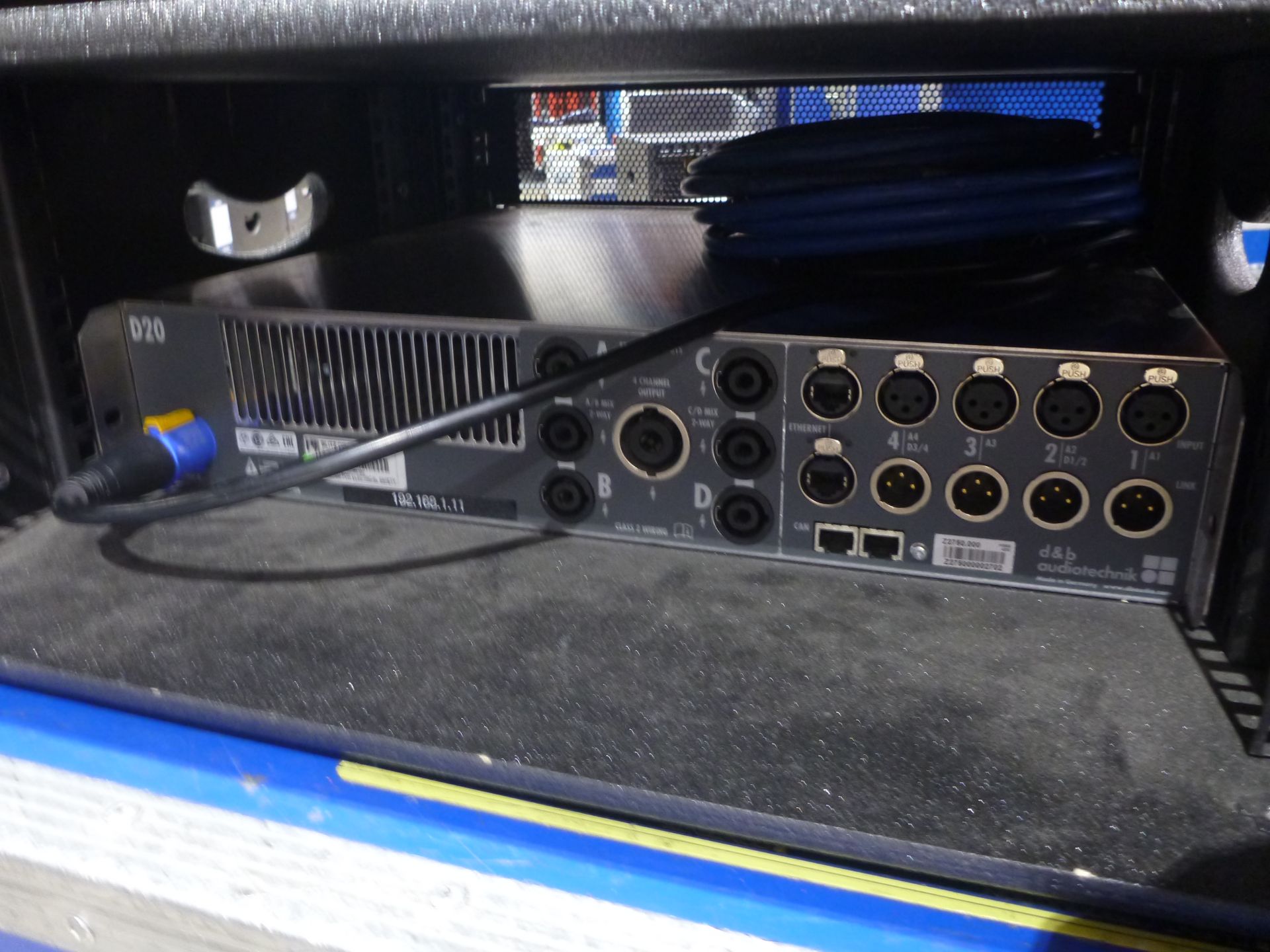 D & B Audiotecknik D20 4 Chnl Power Amplifier, 13A to PowerCon cable, Mounted in rack mount box, S/N - Image 3 of 4
