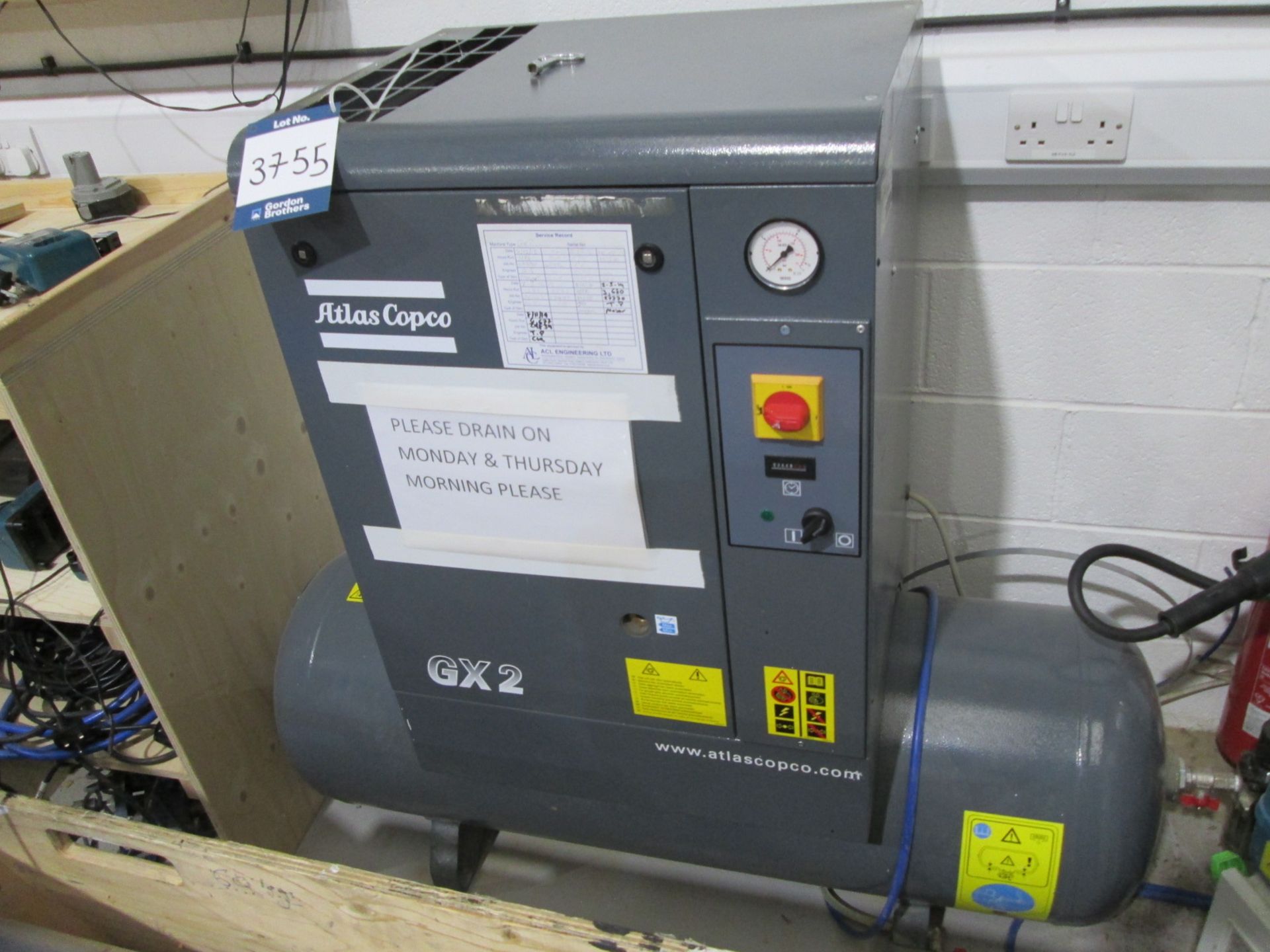 Altas Copco GX2P EP Air Compressor Mounted on Horizontal Air Receiver, Working pressure 10 bar,