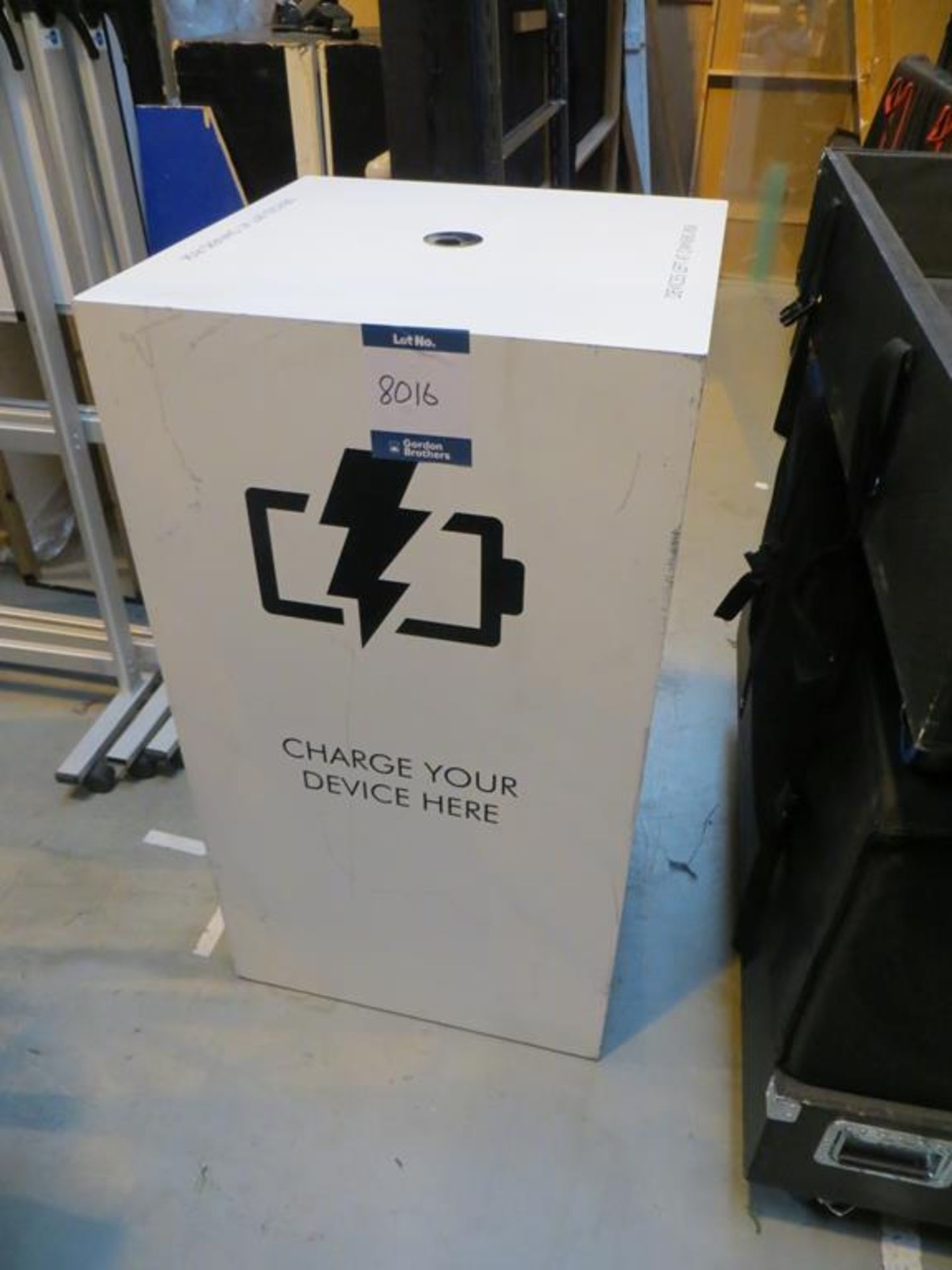 White laminate exhibition phone charging station in transit case: Unit C Moorside, 40 Dava Street,