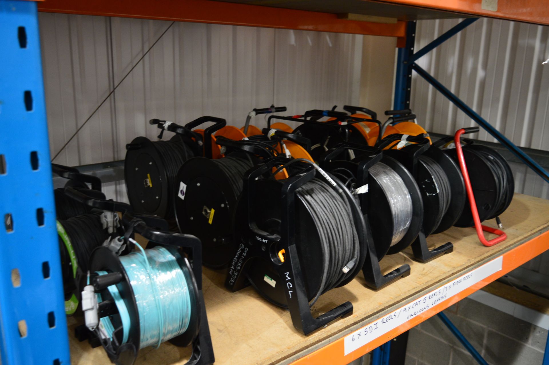 6x No. various length SDI reels, 9x No. various length CAT5 reels and 3x No. various length fibre