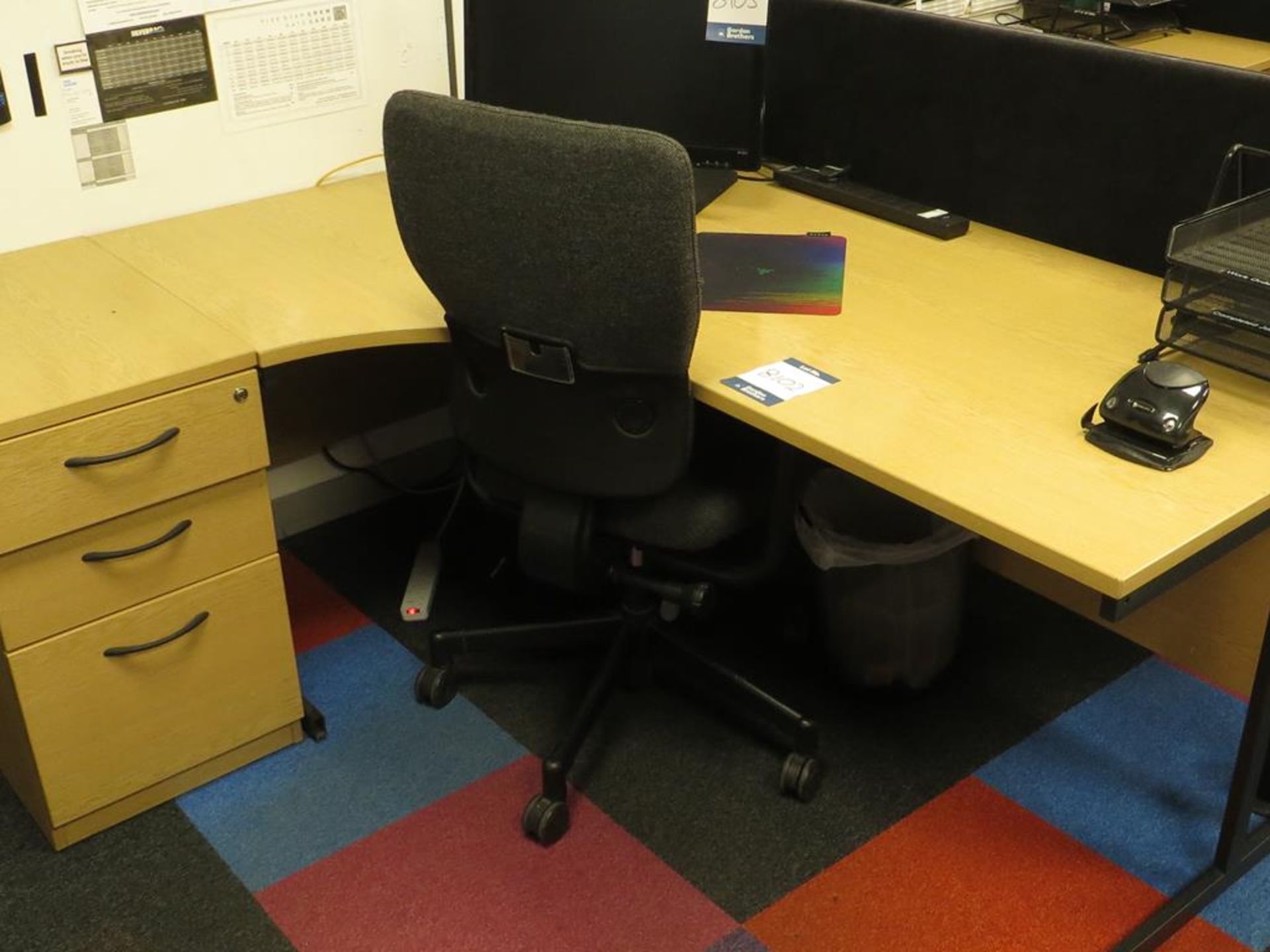 Light oak radius workstation with three drawer pedestal and operators chair: Unit C Moorside, 40