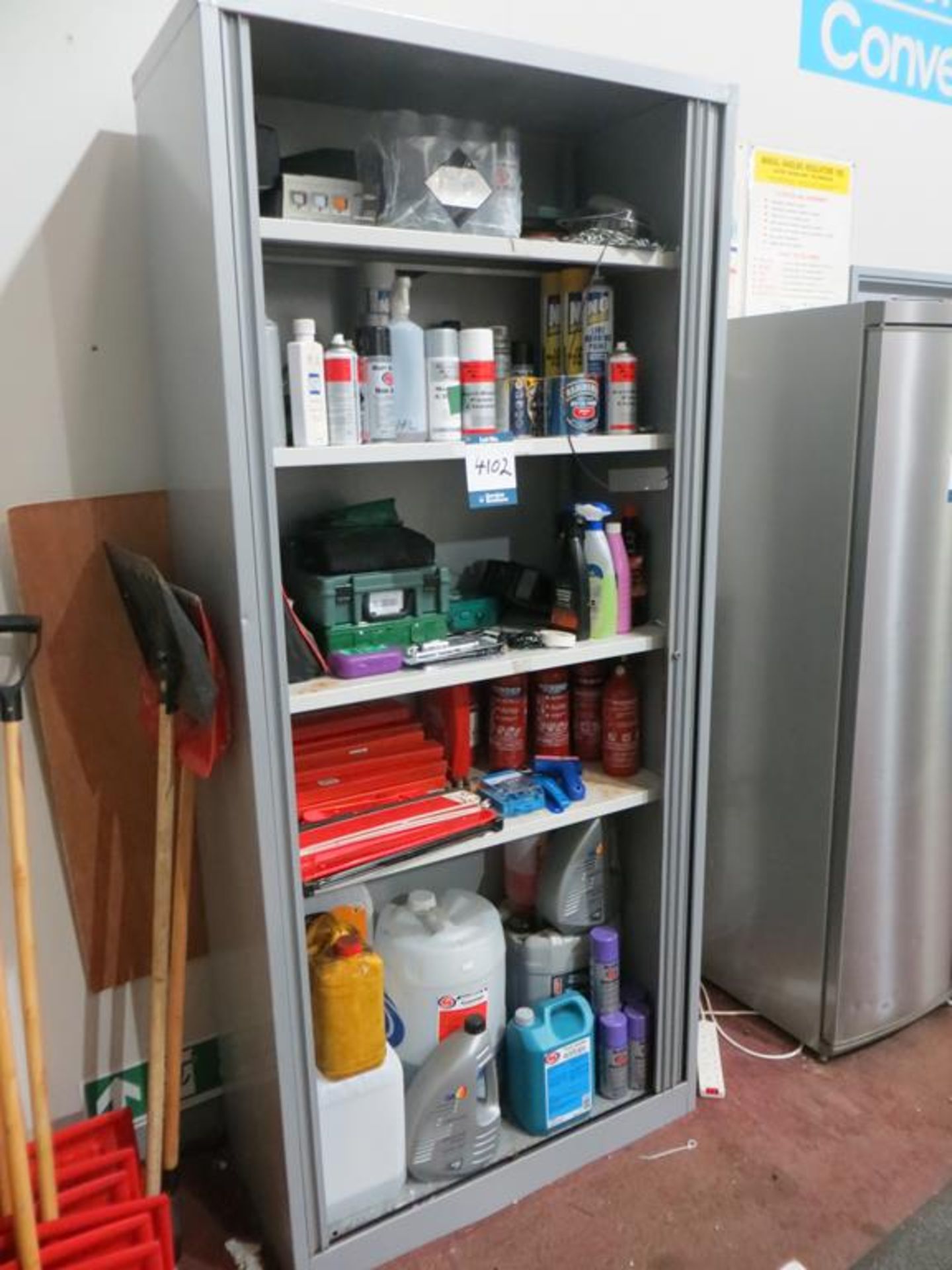 Tambour stationery cupboards containing quantity of aerosol paints, cleaners, dry powder fire