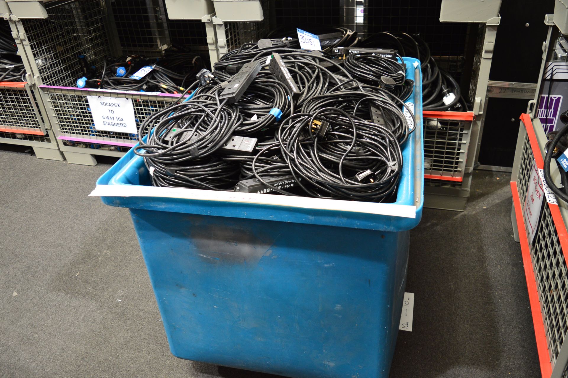 Large quantity of 13 amp 10m four way extension cables in large lin bin: Unit 500, Eckersall Road,