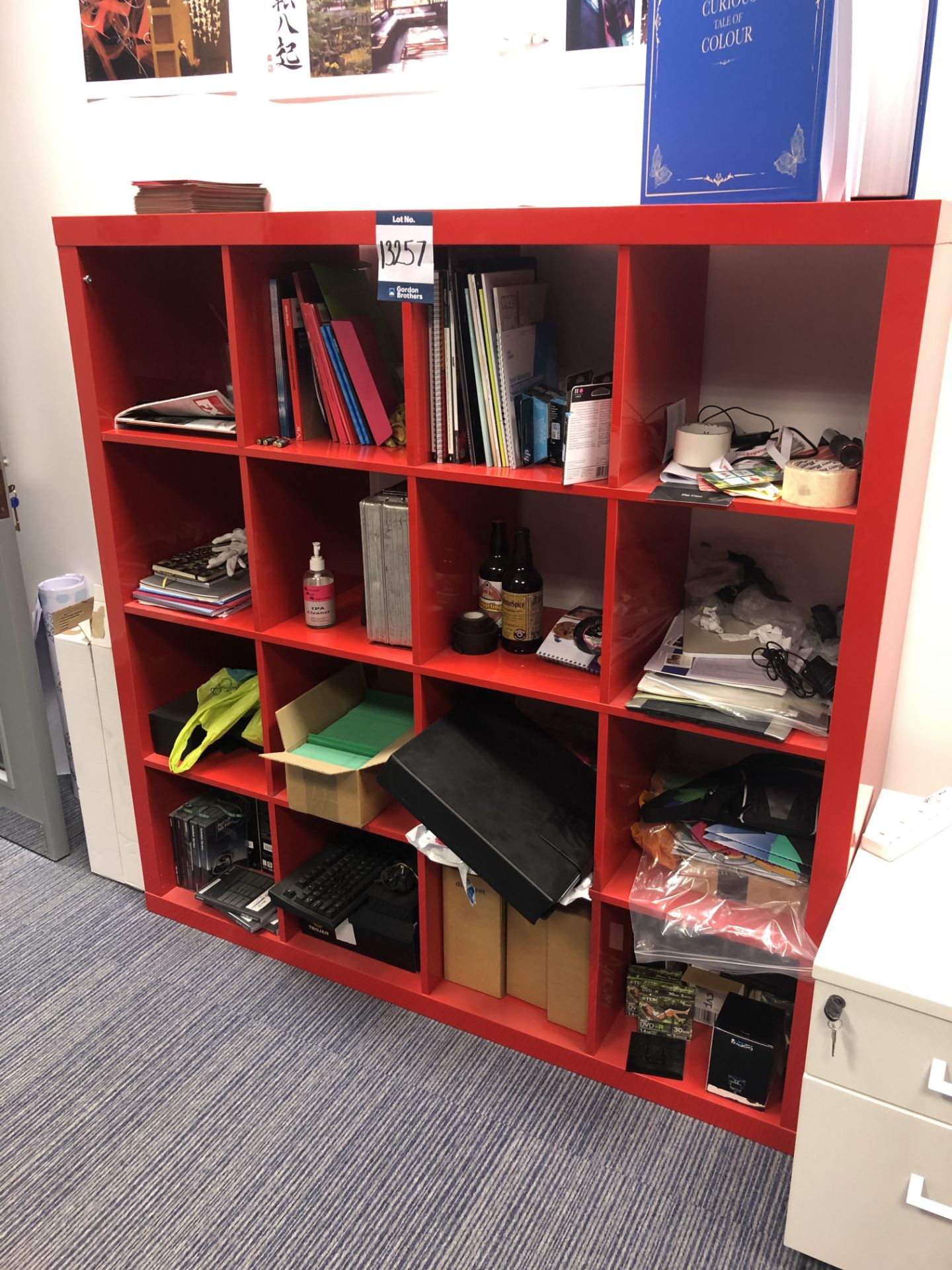 Red laminate 16 compartment pigeon hole shelf unit