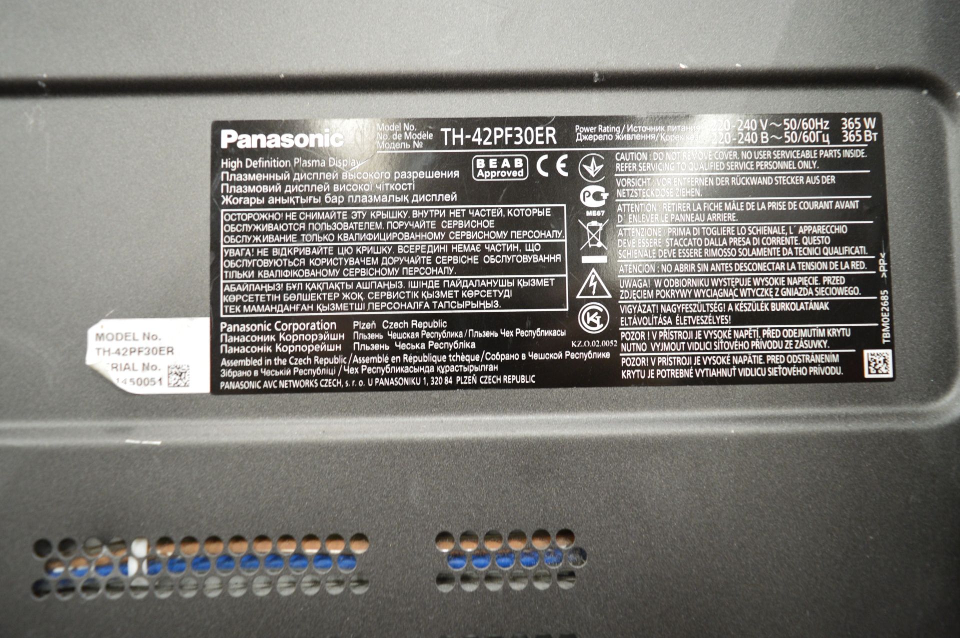 Panasonic, 42" Plasma Display, Model TH-42PF30ER, - Image 2 of 4